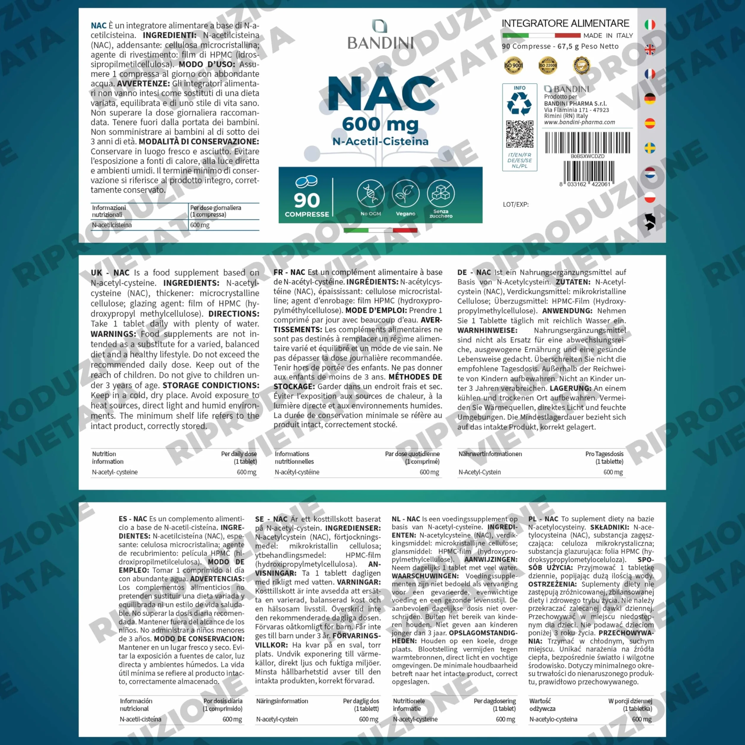 Bandini NAC N-Acetil-Cisteina 600mg 90 Compresse integratore sostiene difese immunitarie precursore glutatione vegano
