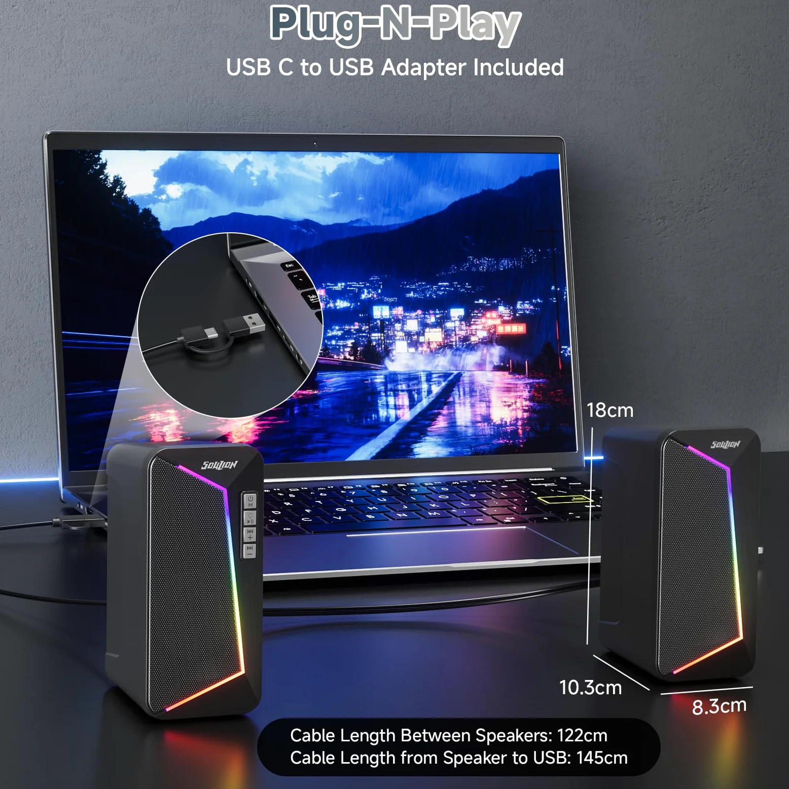 SOULION Altoparlante PC, alimentato tramite USB, con controllo volume, altoparlante da desktop per laptop, monitor