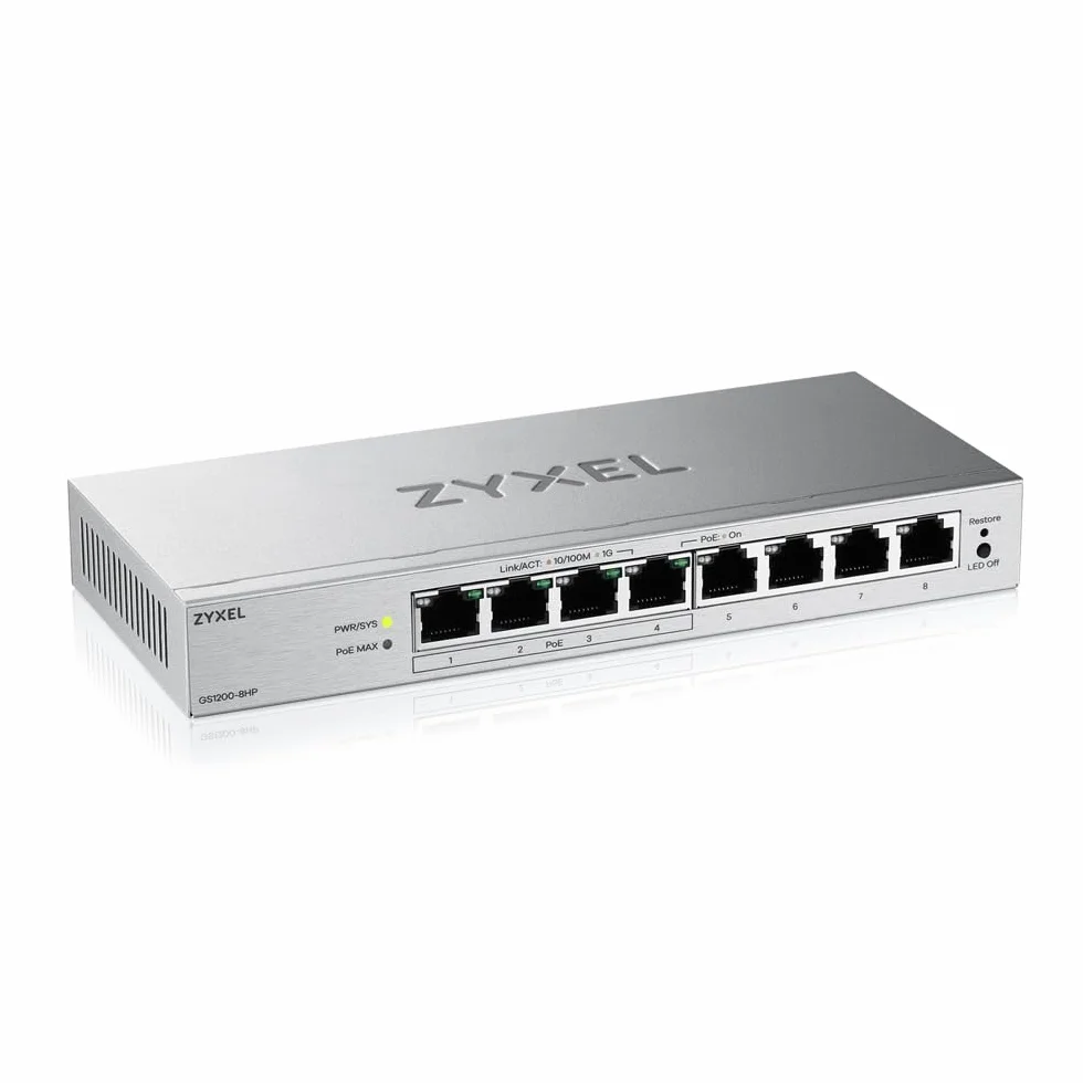 Zyxel Switch PoE 8 Porte | Switch Ethernet Gigabit Web Managed | 4 Porte PoE+ Budget 68W | QoS, Link Aggregation, VLAN, IGMP Snooping | Senza ventola | Desktop [GS1200-8HPv3]