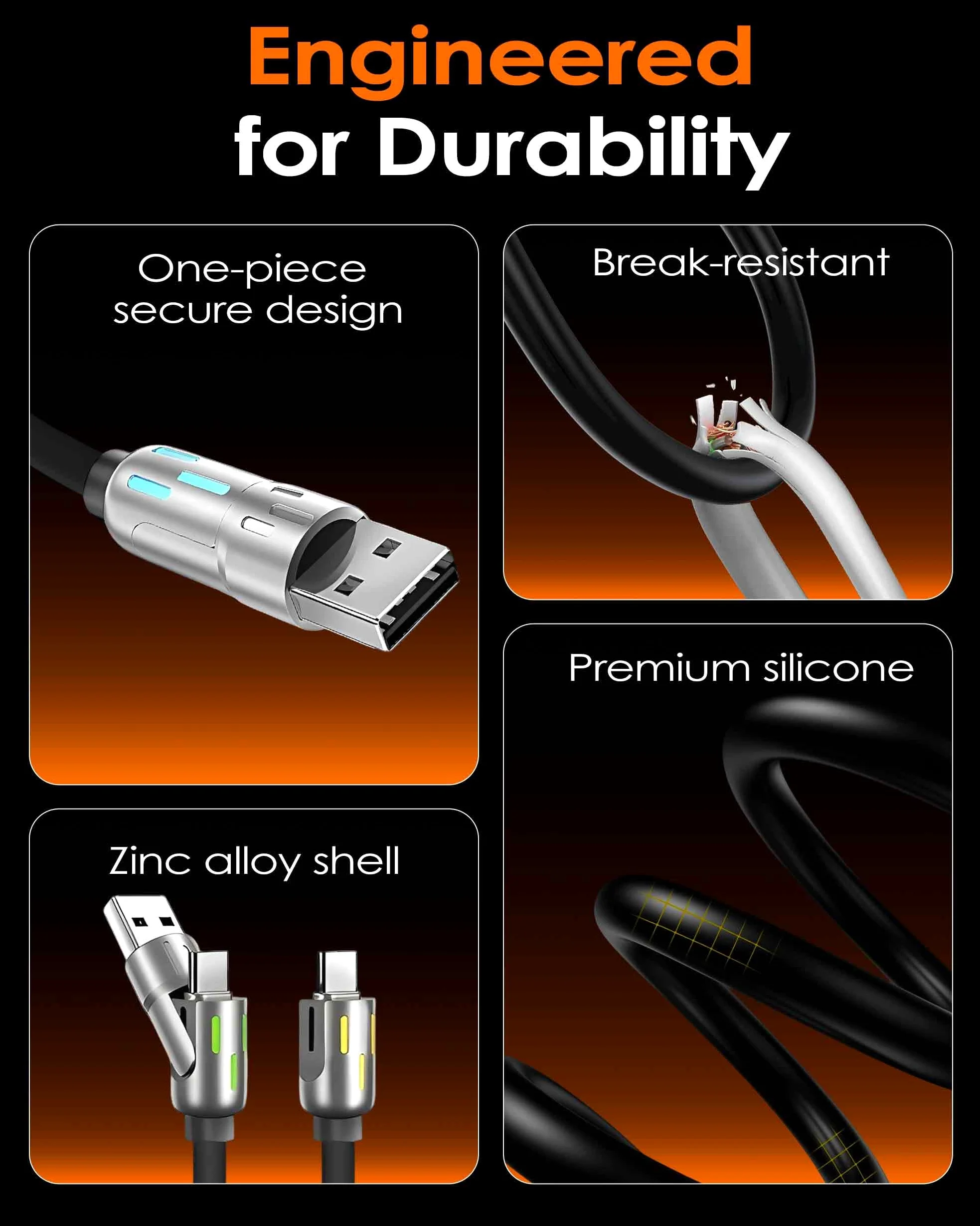 chubbycable GlowCharge Pro - Cavo da auto 3 in 1 da 240 W con luci dinamiche, cavo multi USB C, cavo di ricarica rapida in silicone, 1 m, verde, da tipo C a tipo C + USB-A