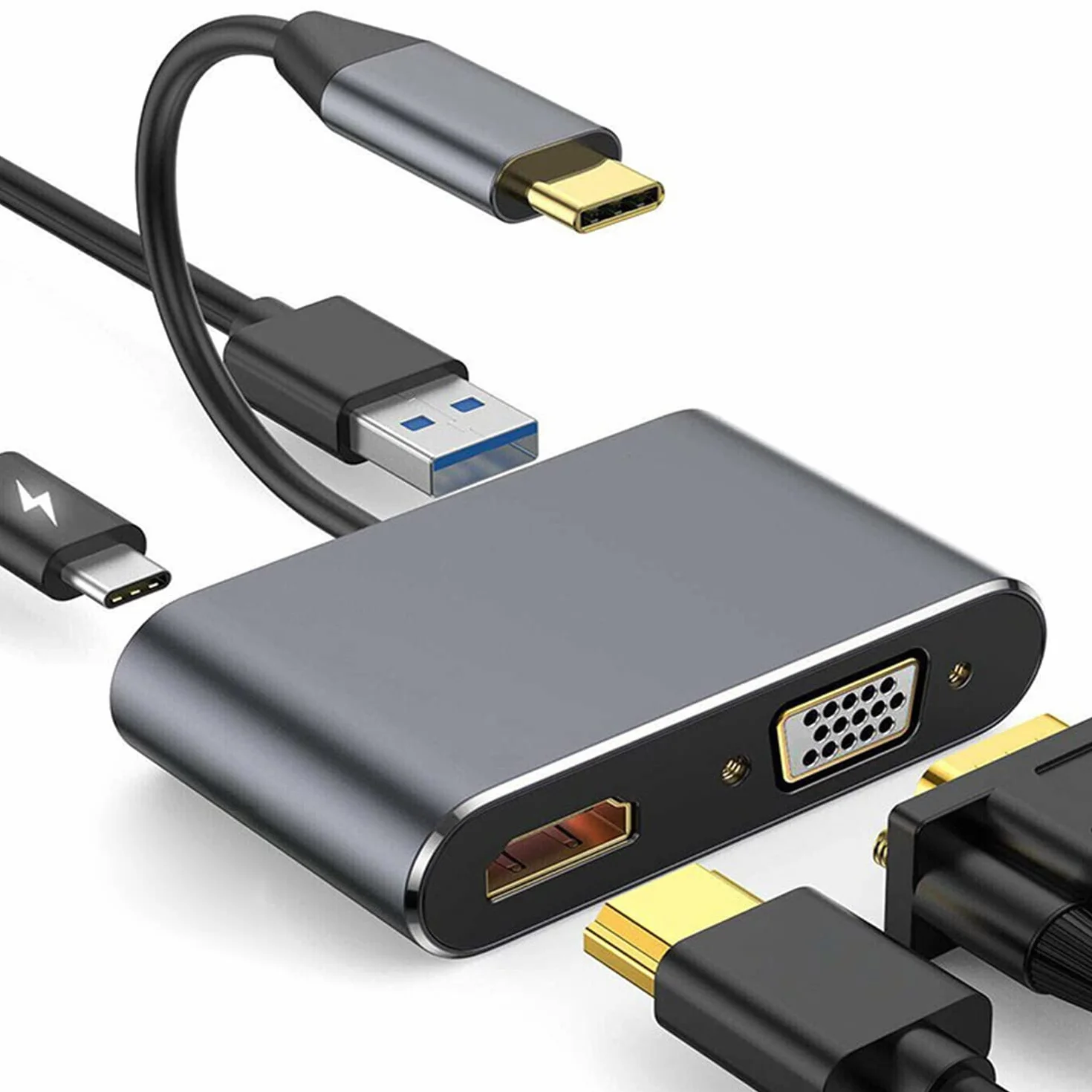 Adattatore multiporta da USB C a HDMI VGA, USB tipo C 4 in 1 Hub a HDMI 4 K, VGA, USB3.0, PD, compatibile con MacBook Pro, MacBook Air, iPad Pro, Pixelbook, XPS ecc