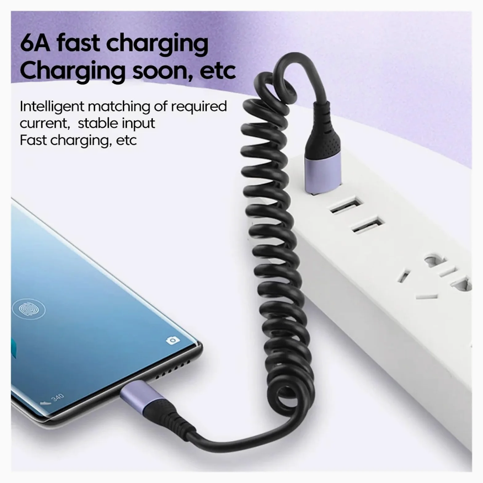 Cavo USB C a gomito a molla, 6 A, 66 W, ricarica rapida, tipo C, per iPhone e Samsung (3 in 1 a tipo C)