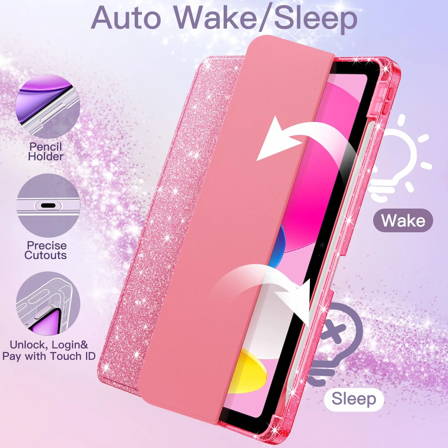 JETech Custodia Glitter per iPad (A16) 11a/10a Generazione (2025/2022) con Portapenne, Cover Sottile Scintillante, Guscio Posteriore Trasparente Lucido (Rosa)