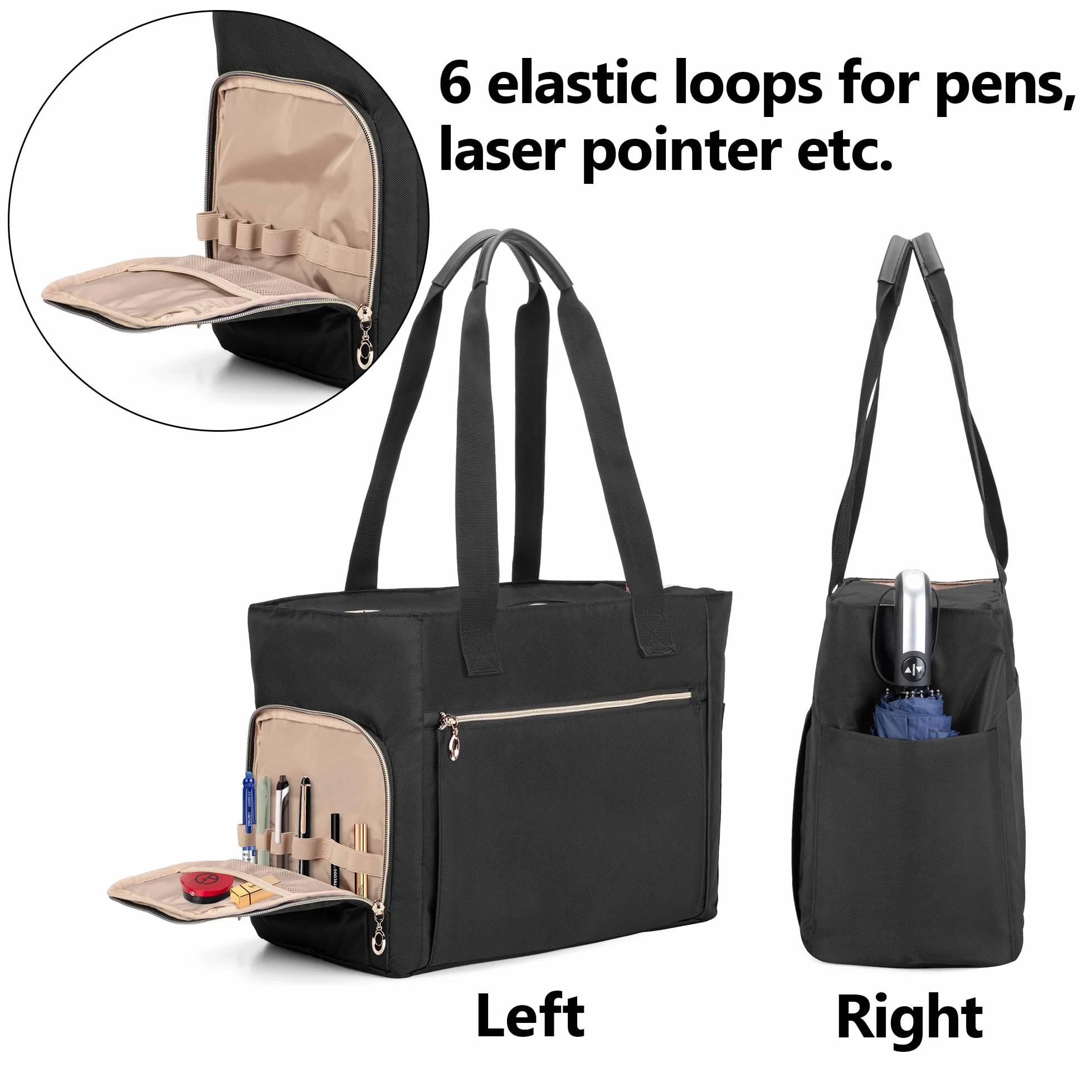 CURMIO Tote per Insegnante da Donna, Borsa da Lavoro Portatile con Custodia Imbottita e Scomparti per Laptop, Materiale Scolastico, Solo Borsa, Nero.