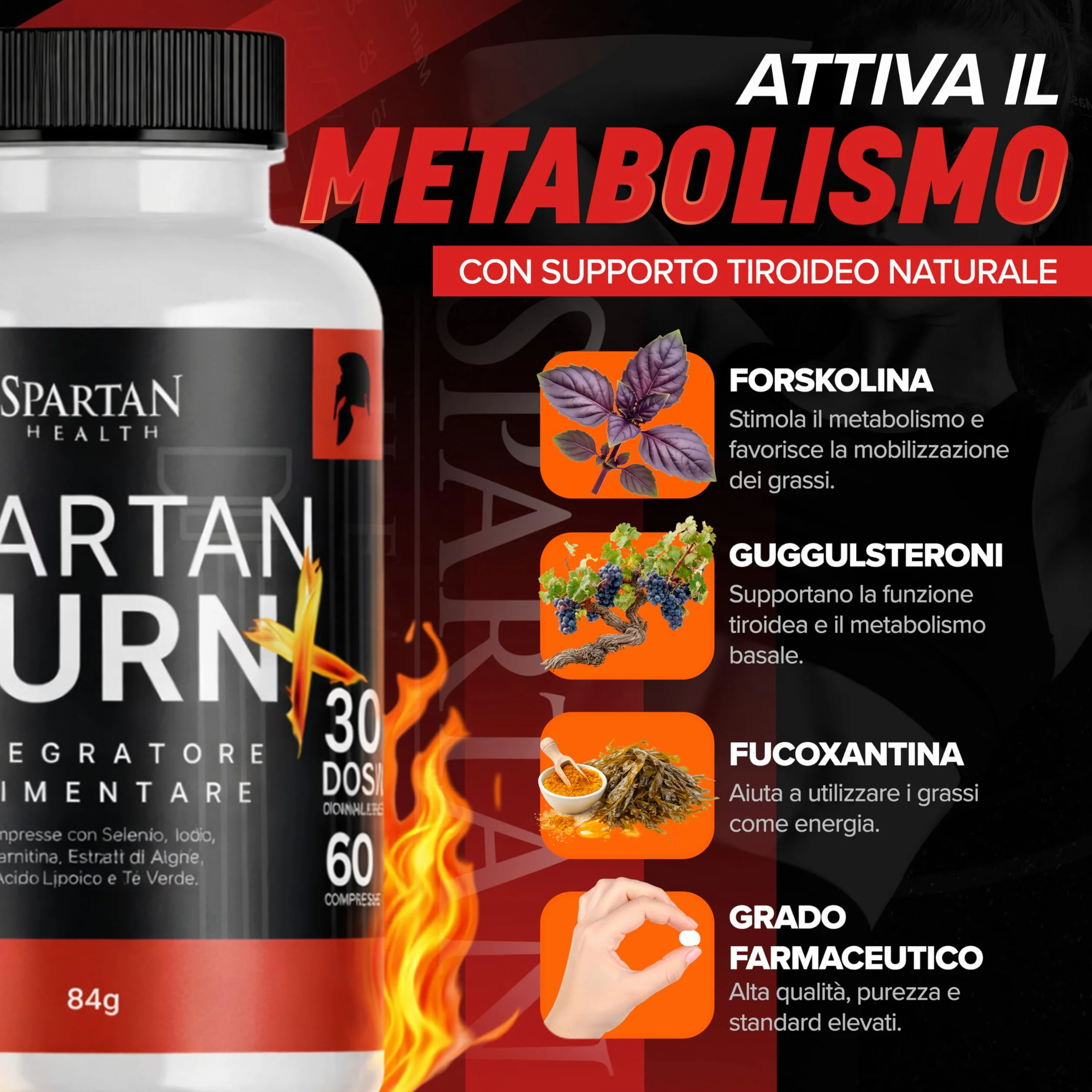 Spartan Burn Plus Integratore Metabolismo Energetico con Alga Kelp Yerba Mate Selenio Iodio 60 Compresse Made in Italy