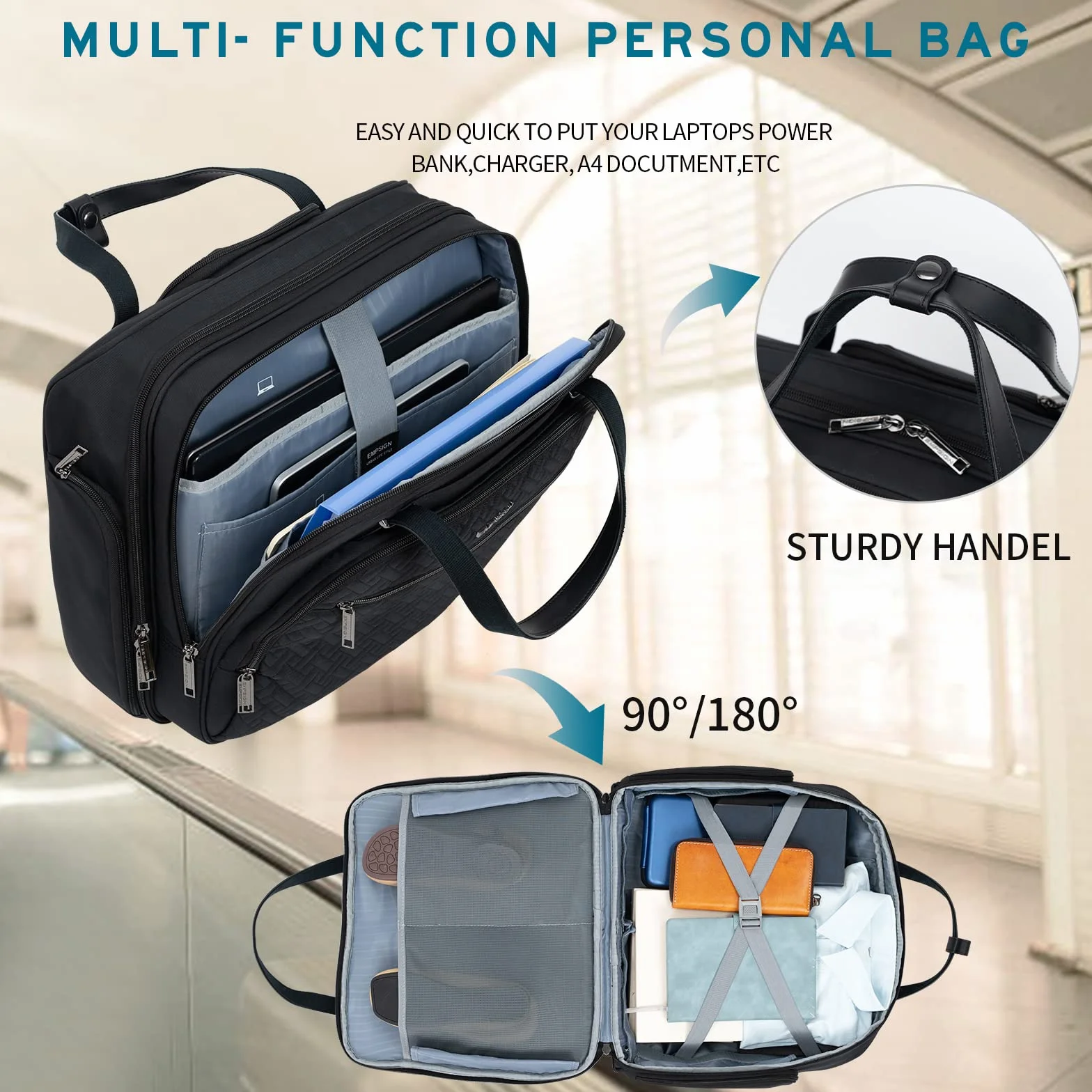 EMPSIGN Borsa per computer portatile 15.6 pollici con ruote RFID impermeabile nera