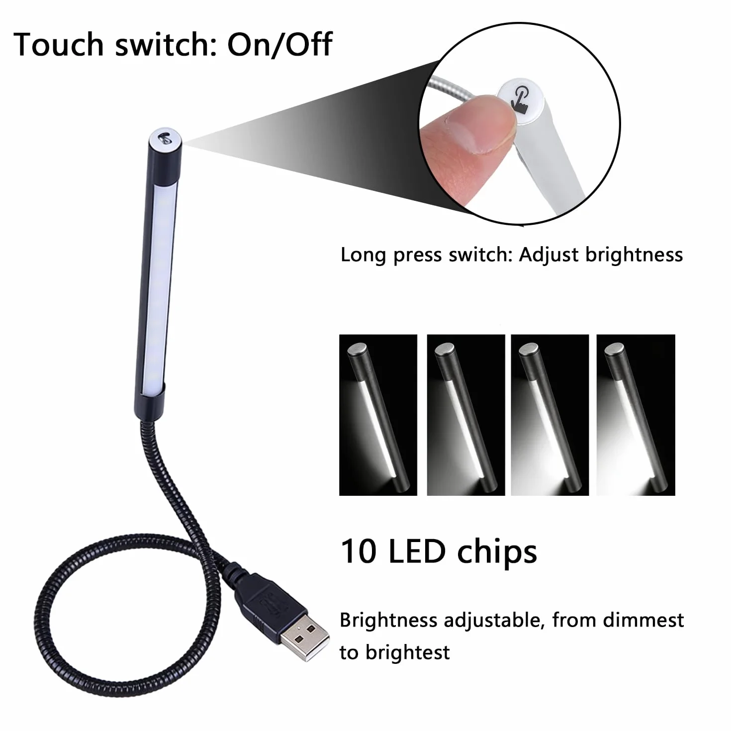 HENGBIRD 2 lampadine a LED USB, 10 LED a collo di cigno, luce USB, interruttore a tocco, luce da lettura, luminosità può essere regolata, lampada da lettura per lettura, tastiera, computer portatile