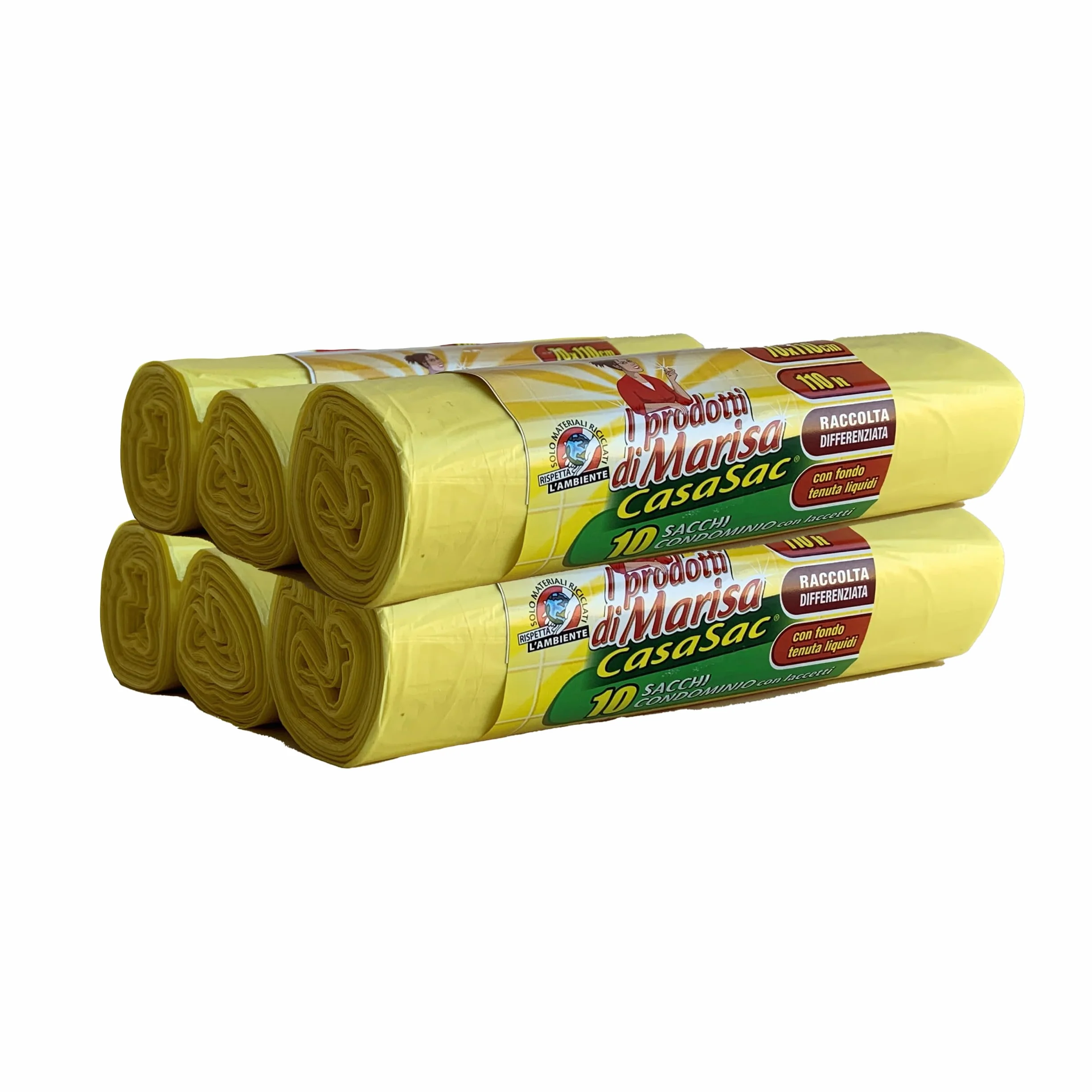 Sacchetti Spazzatura 110L 70x110 cm Antiforo 60 Pz 6 Rotoli Giallo