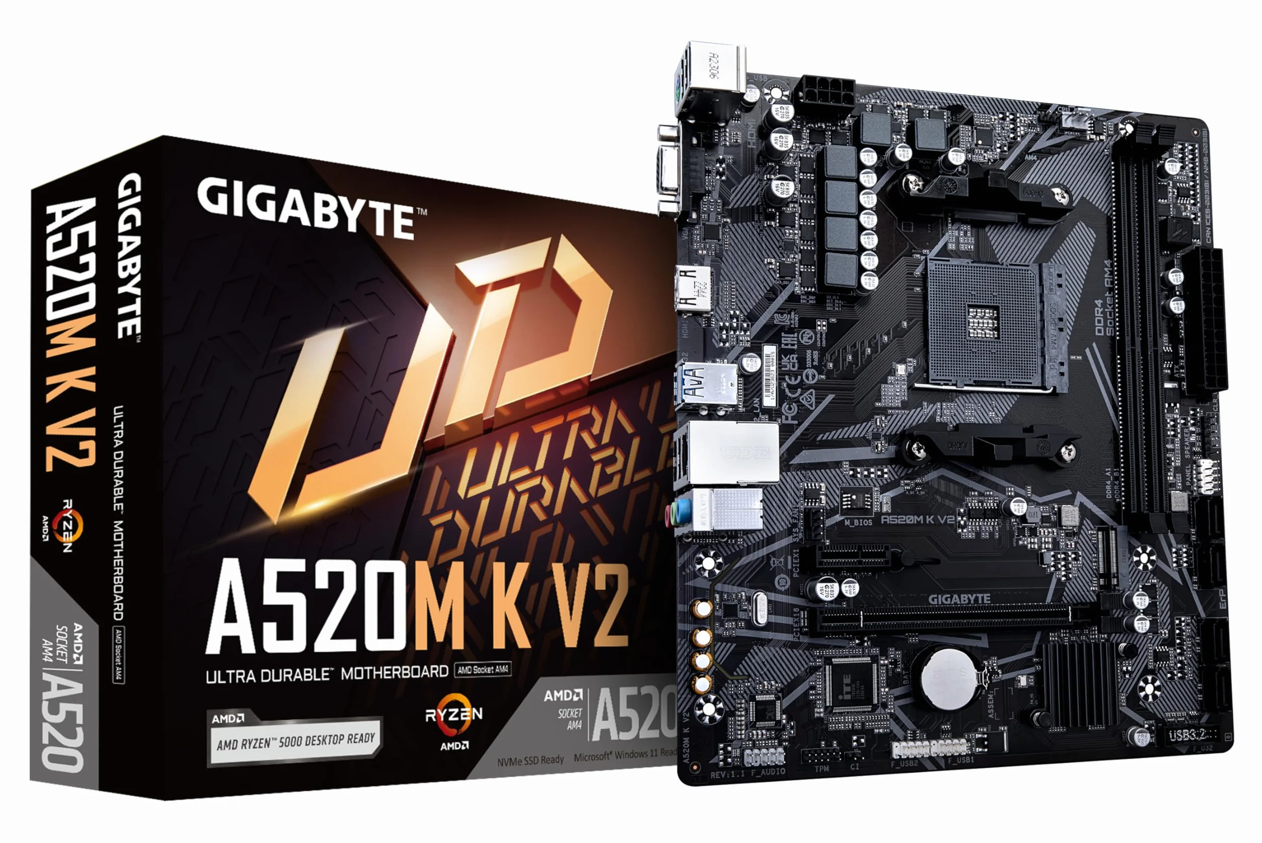 GIGABYTE Scheda madre A520M K V2 - Supporta CPU AMD Ryzen serie 5000 AM4, fino a 5100MHz DDR4 (OC), PCIe Gen3 x4 M.2, LAN GbE, USB 3.2 Gen 1
