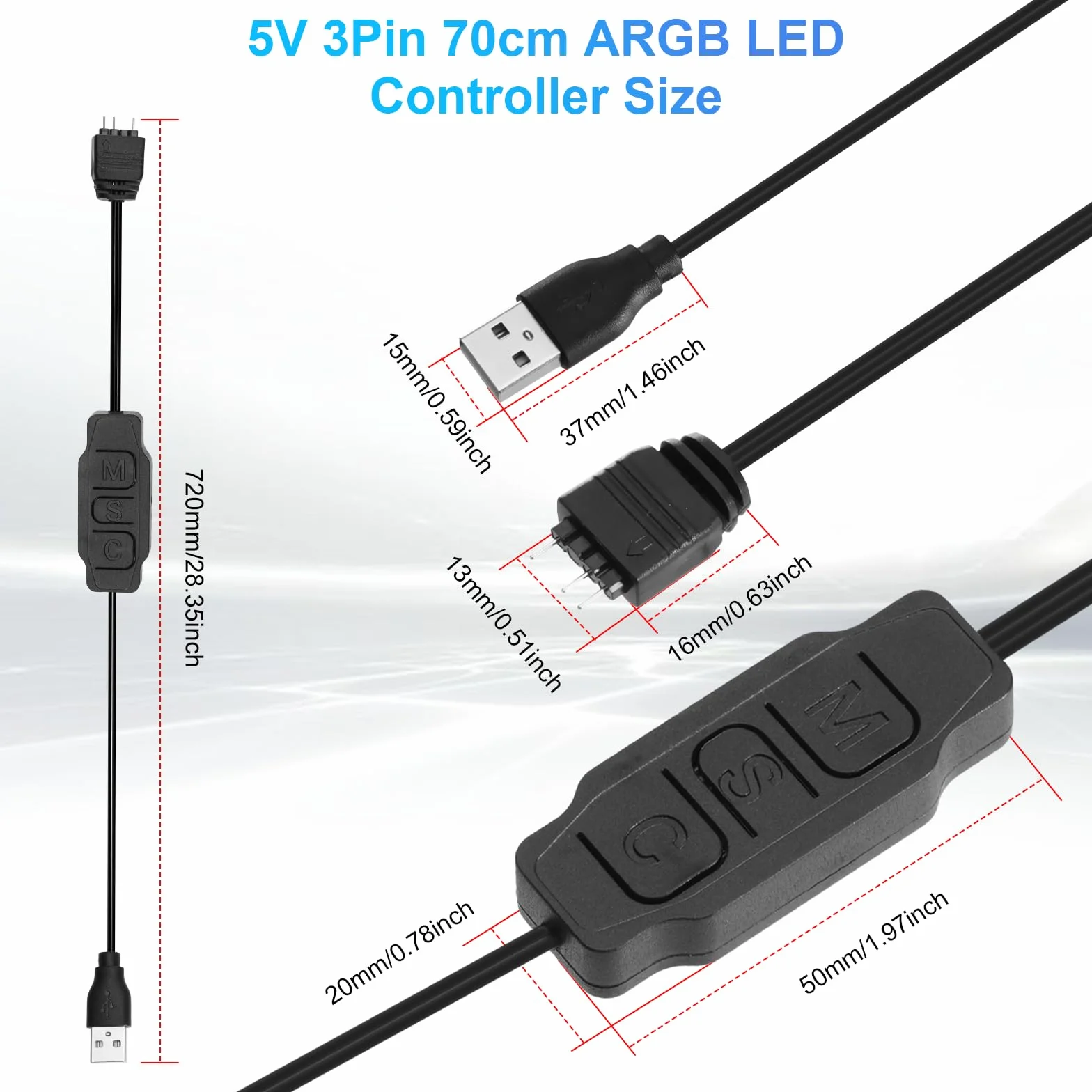Controller LED ARGB 5V 3 pin 70cm USB mini RGB con pulsanti per PC fan strisce luminose