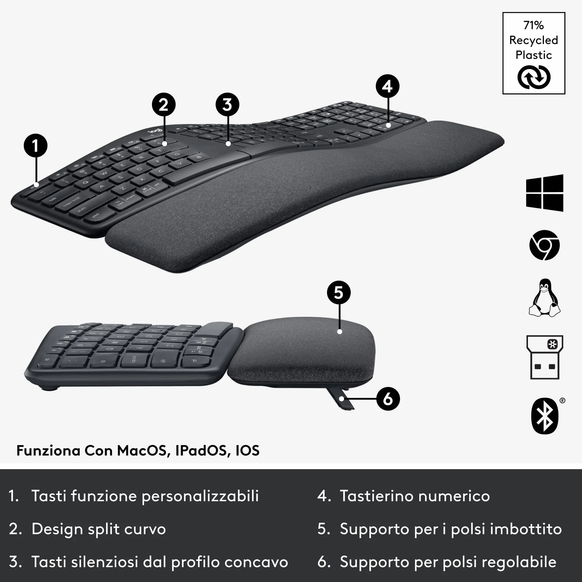 Logitech ERGO K860 Wireless Split Keyboard Ergonomic Italian Layout QWERTY Grey
