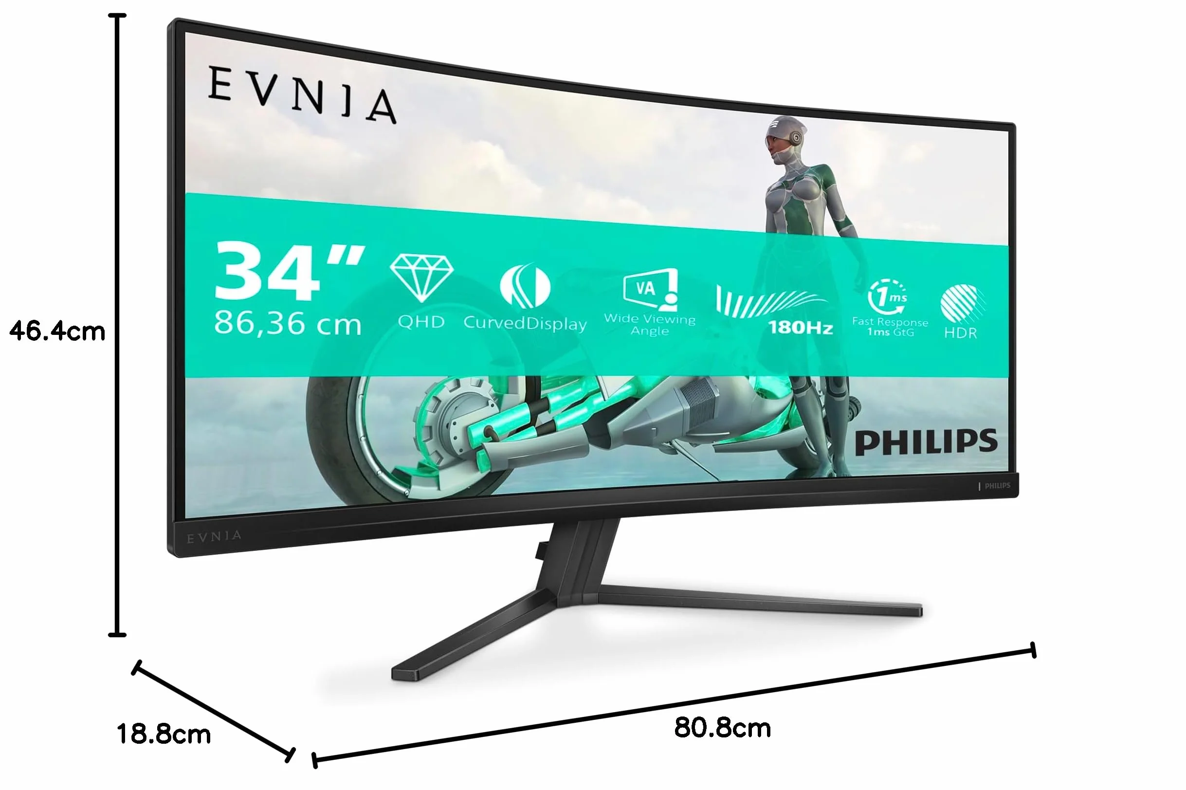 Philips Gaming Monitor 34M2C3500L 34 pollici, Curvo, 3440x1440, UW-QHD, 180Hz, Fast VA Panel, 0.5ms MPRT, , (HDMI2x 2.0 DP 1x 1.4) Adaptive Sync, HDR10, FreeSync Premium, Grigio Scuro