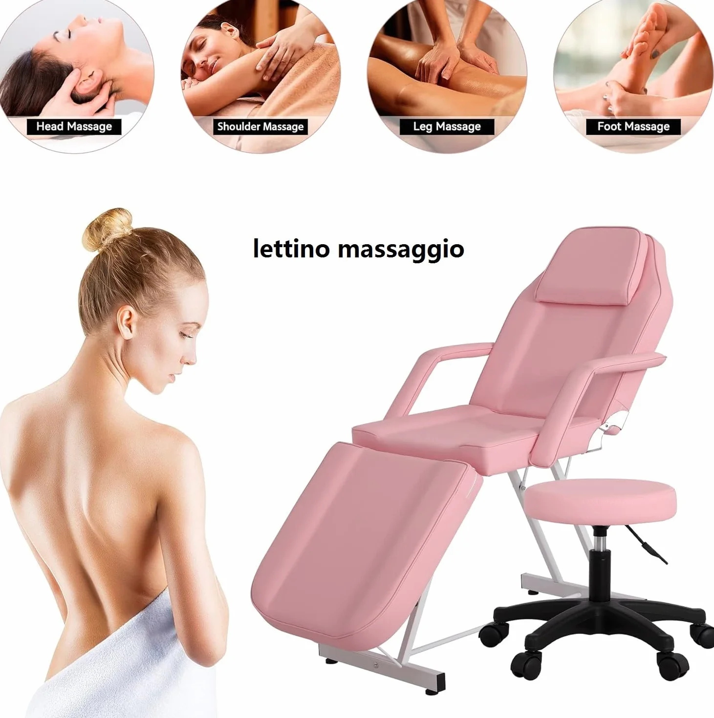 Lettino da Massaggio Pieghevole 3 Zone con Sgabello Portatile in Pelle PU Rosa per Fisioterapia Estetista Tattoo
