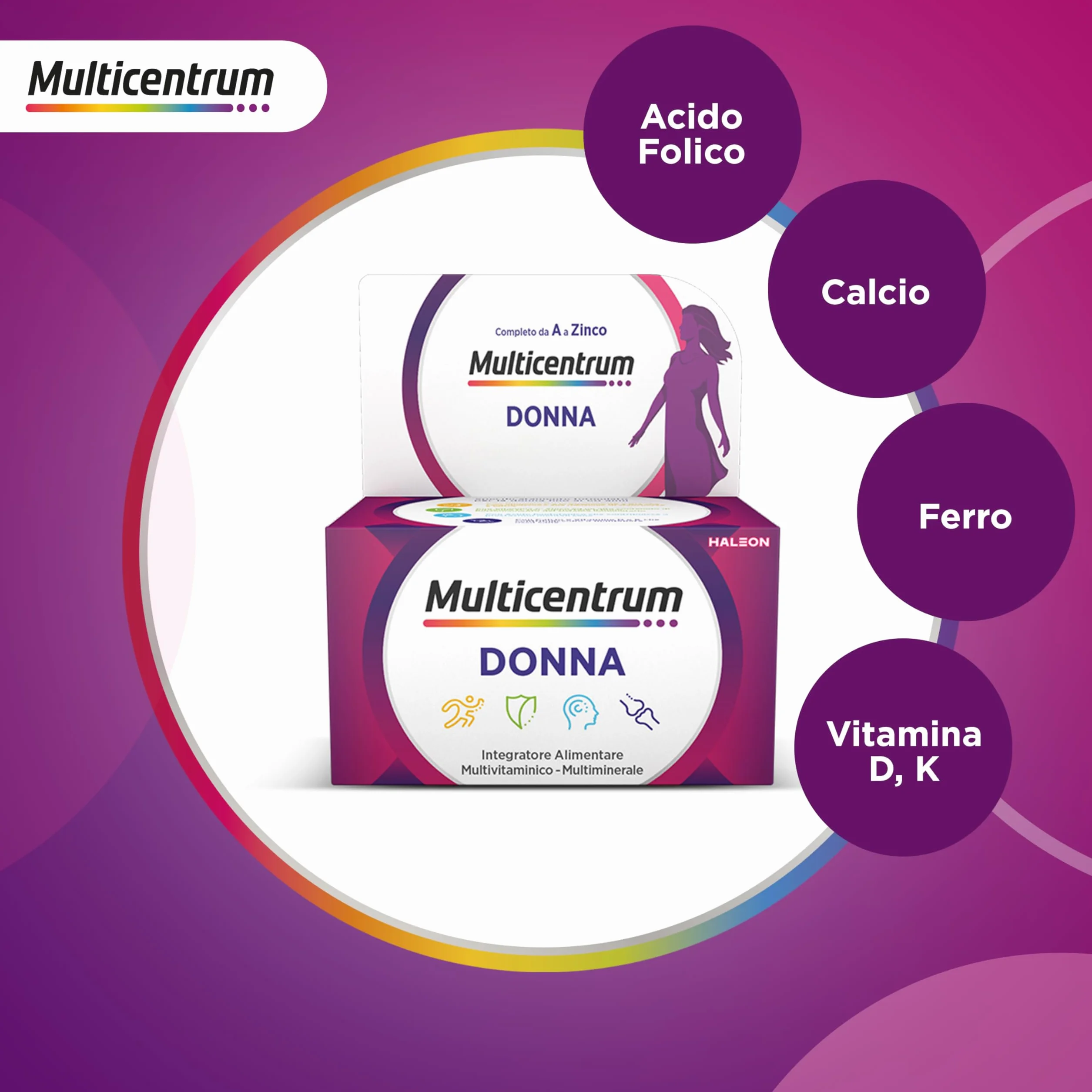 Multicentrum Donna Integratore Multivitaminico 30 Compresse, Vitamina D, K, Acido Folico, Calcio, Ferro