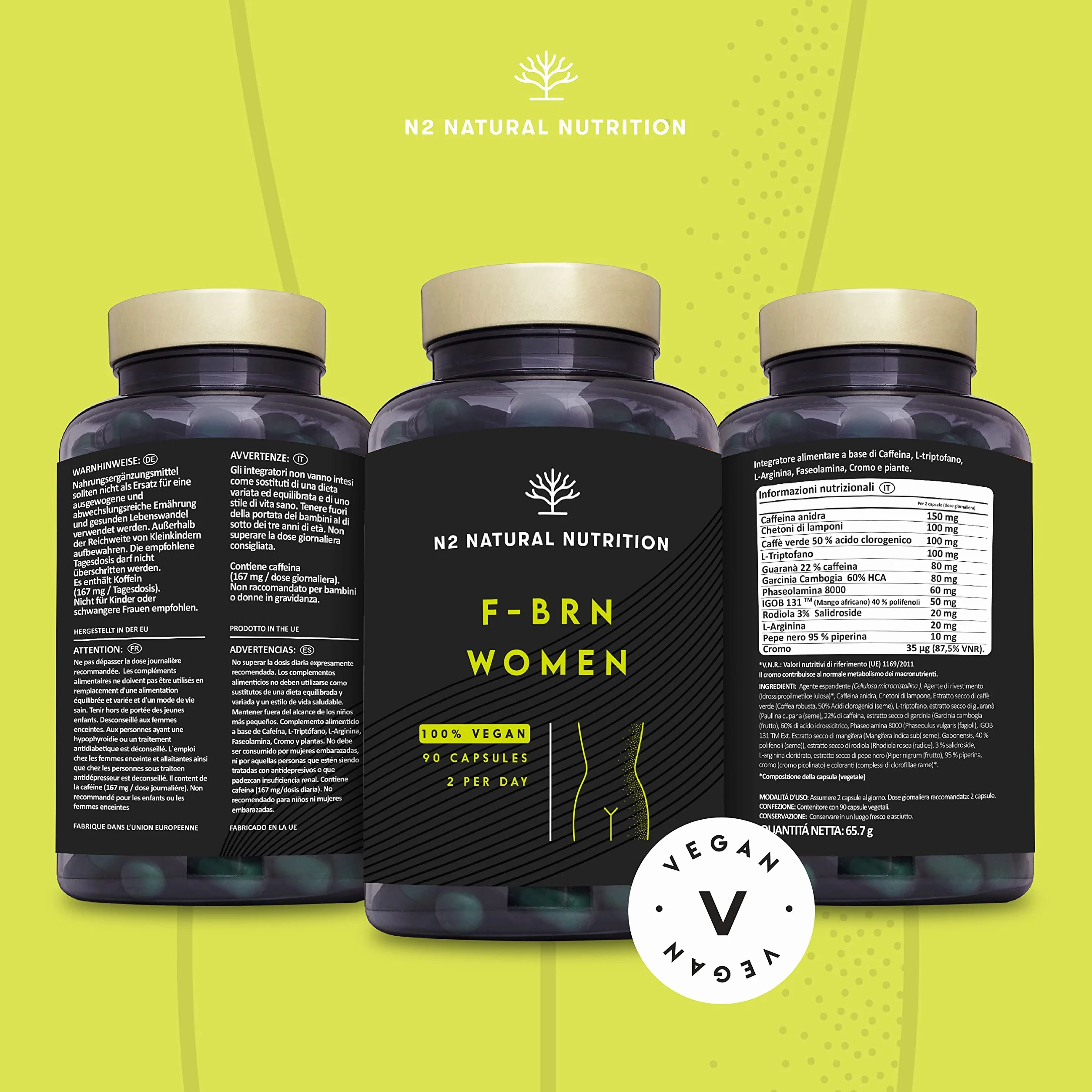 Integratore Donna Tè Verde Garcinia Cambogia Ginseng Caffeina Cromo 90 capsule N2 Natural Nutrition