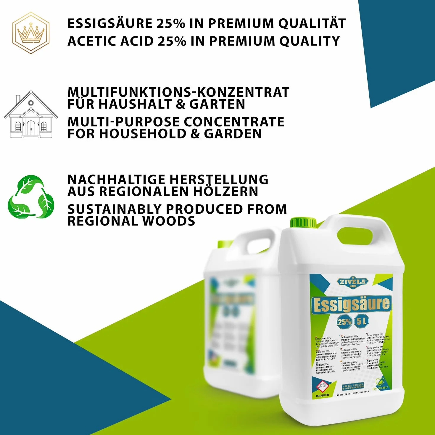 Acido acetico 25% 10 l qualità alimentare Made in Europe 2 x 5 l