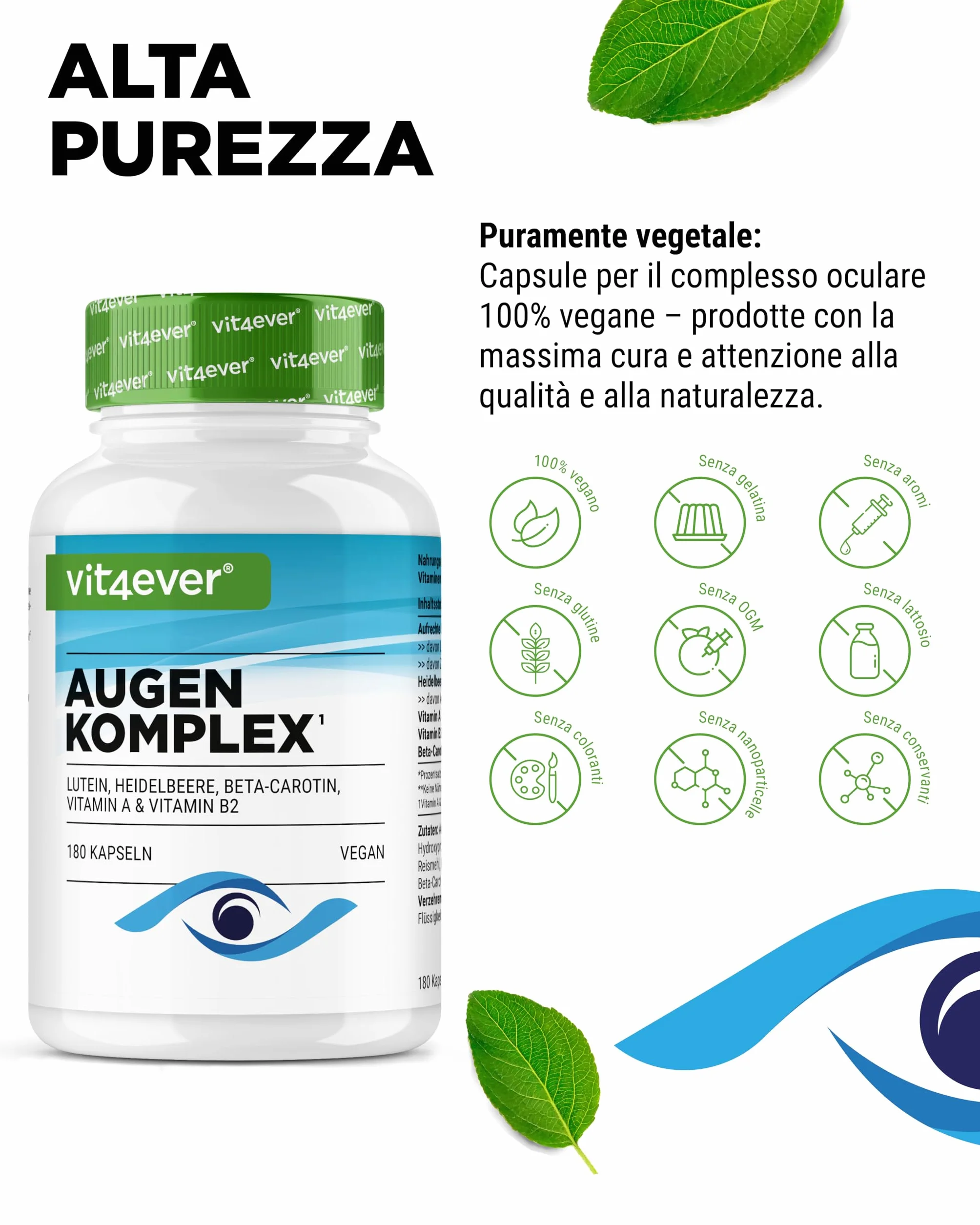 Complesso Vitaminico per gli Occhi 180 capsule con Luteina, Zeaxantina, Estratto di Mirtillo, Beta-Carotene, Vitamina A e B2 - Vegano, alto dosaggio