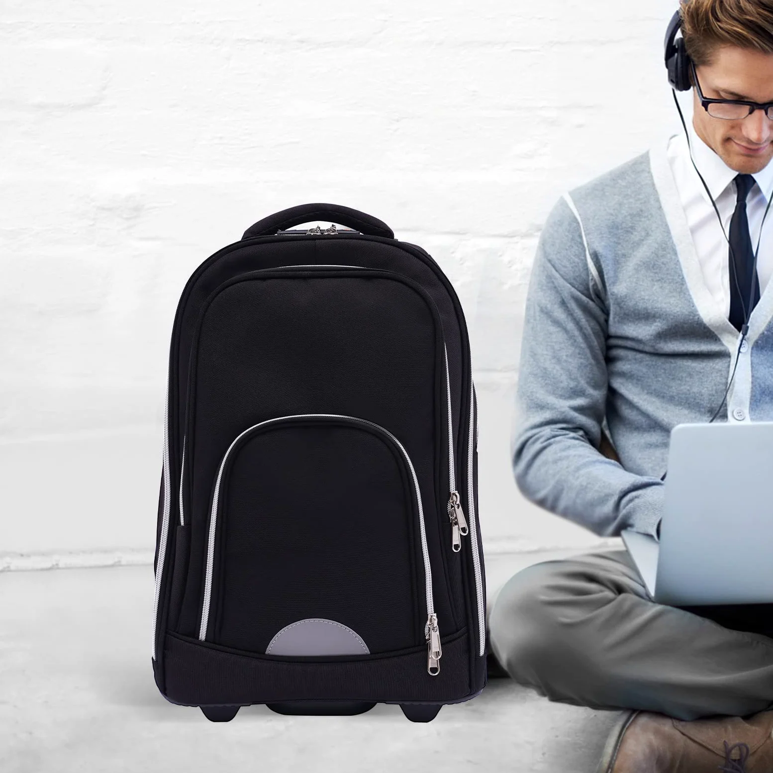 Zaino trolley da 45 l, con ruote, impermeabile, per laptop da 15 pollici, bagaglio a mano 3 in 1, ruote silenziose da 7 pollici, trolley in alluminio regolabile in altezza, per scuola, lavoro