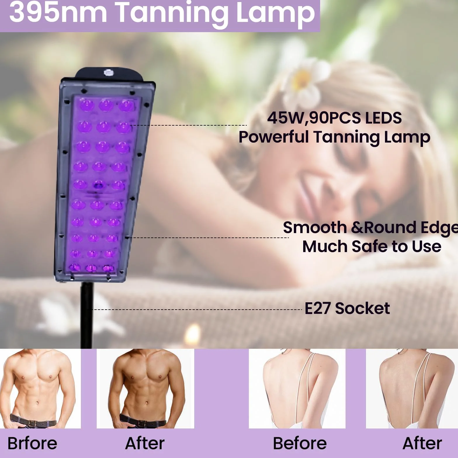 Lampada Abbronzatura 45W 395nm UV per Viso e Corpo con Supporto Regolabile e Protezione Occhi