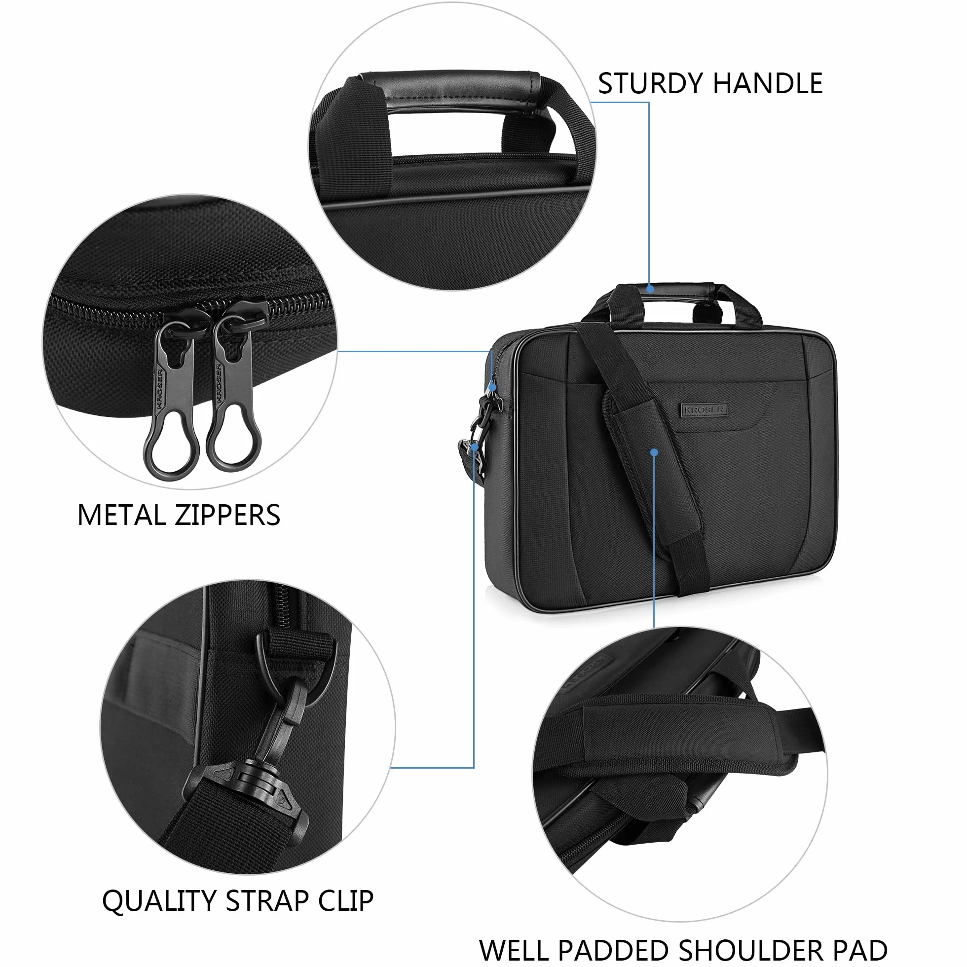 KROSER Borsa del Portatile 15,6 Pollici Ventiquattrore Borsa a Tracolla per Laptop Idrorepellente Borsa da Ufficio Urbana Leggera Borsa per il Trasporto di Affari per Uomo/Donna-Nero