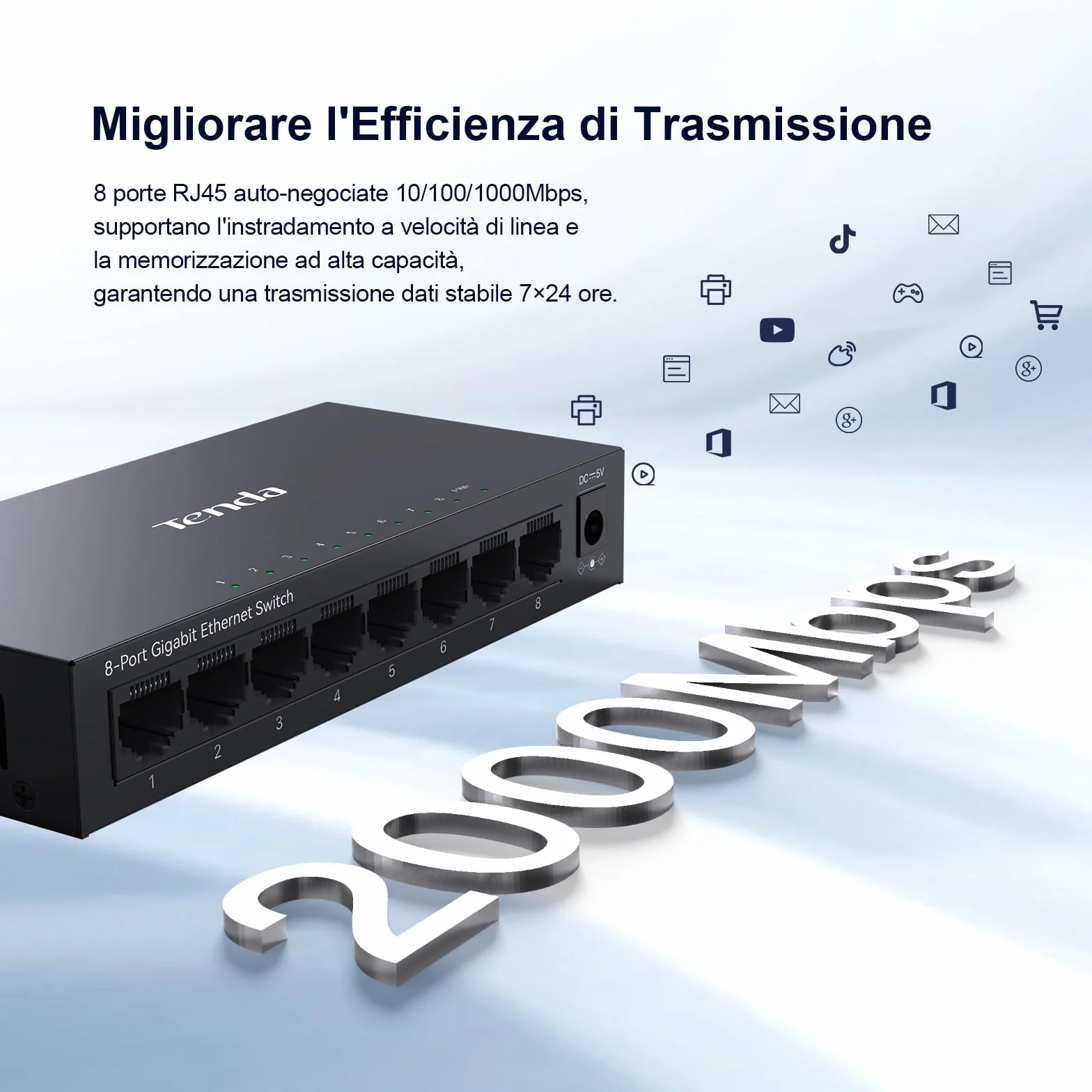 Tenda Switch Ethernet 8 Porte Gigabit Unmanaged TEG1008M, Switch Gigabit 10/100/1000 Mbps, IGMP Snooping, 802.1p/DSCP QoS, Hub Ethernet, Montaggio Desktop o a Parete, Plug & Play, Guscio di Metallo