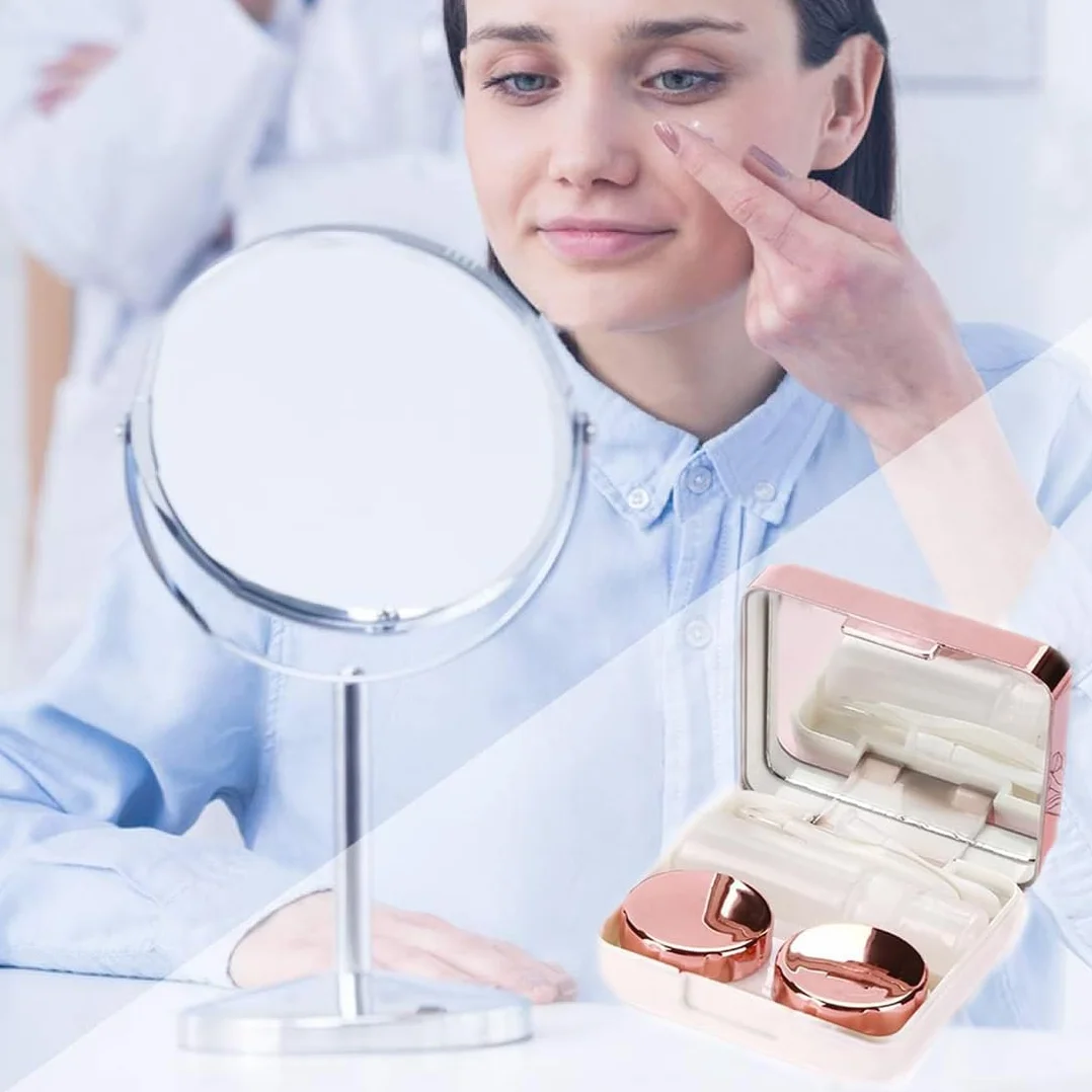 Custodia per Lenti a Contatto da Viaggio JEYORZY 2 Mini con Specchio, Rosa e Argento