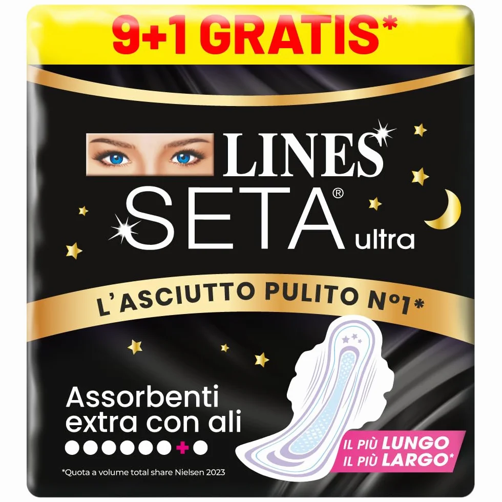 LINES SETA ULTRA EXTRA NOTTE con ali, 10 assorbenti per ciclo mestruale, protezione notturna 12 ore, ipoallergenico