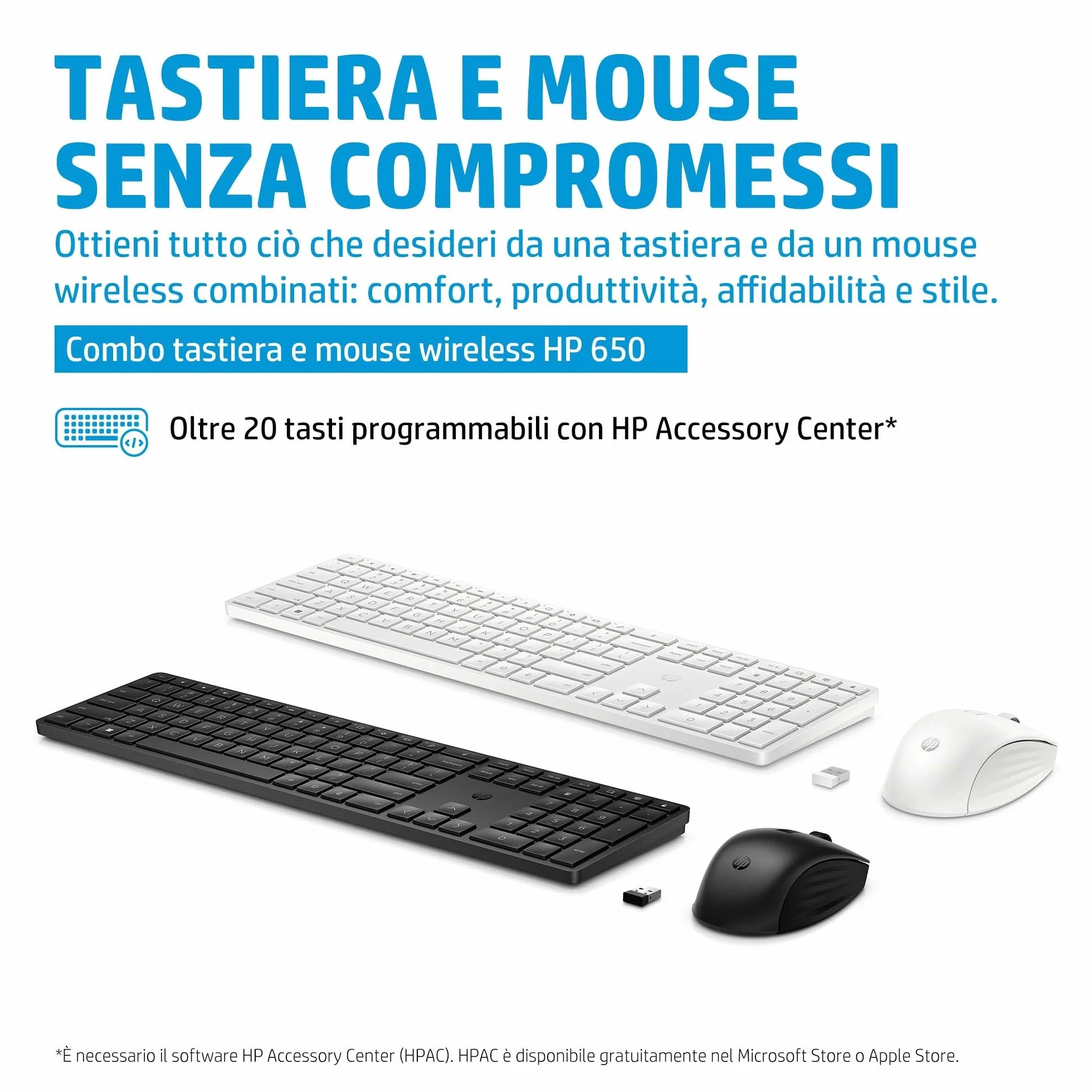HP 650 Tastiera e Mouse Wireless con Dongle USB-A a 2,4 GHz, 20 Tasti programmabili, Piedini Regolabili con 6 Gradi Inclinazione, Tastierino Numerico, Mouse fino a 4000 DPI Personalizzabili, Nera