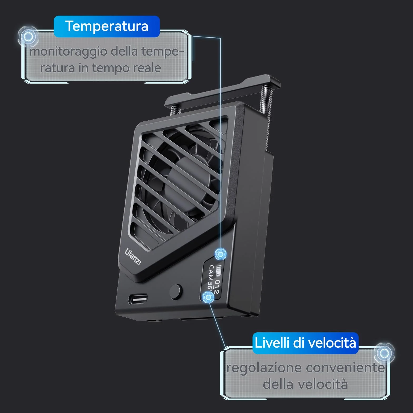 ULANZI CA25 Ventola di Raffreddamento per Fotocamera con Fissazione Molleggiato, Sistema di Cooling Fan per Fotocamera, Monitoraggio in tempo reale, Compatibile con Sony/Canon/FUJIFILM/Nikon
