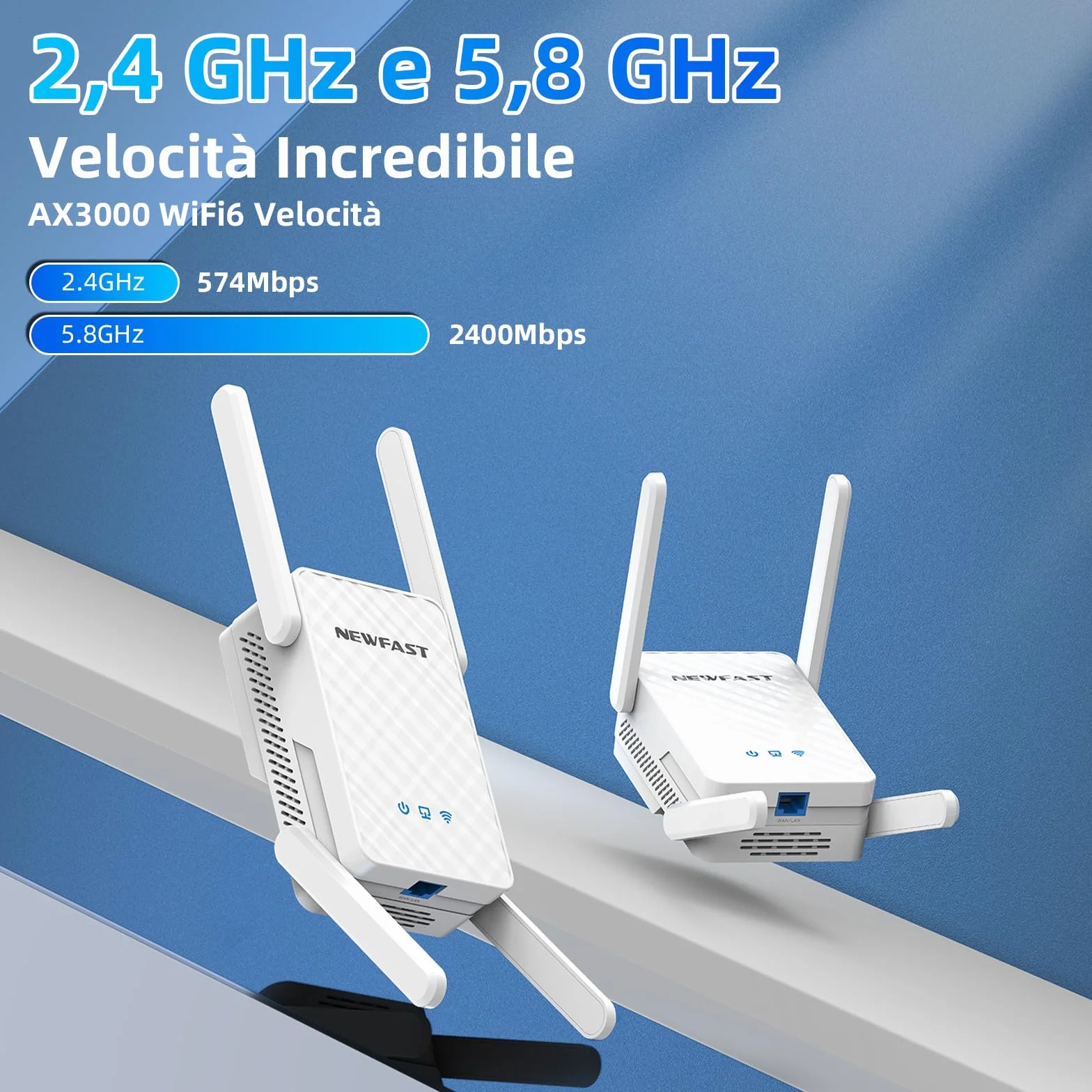 NEWFAST 3000Mbps Ripetitore WiFi Potente per Casa, WiFi6 WiFi Extender Dual Band 2.4G/5GHz con 4 * 5dBi Antenne, Porta Gigabit Ethernet, WPS Funzione, Supporta Modalità Ripetitore/Router/AP