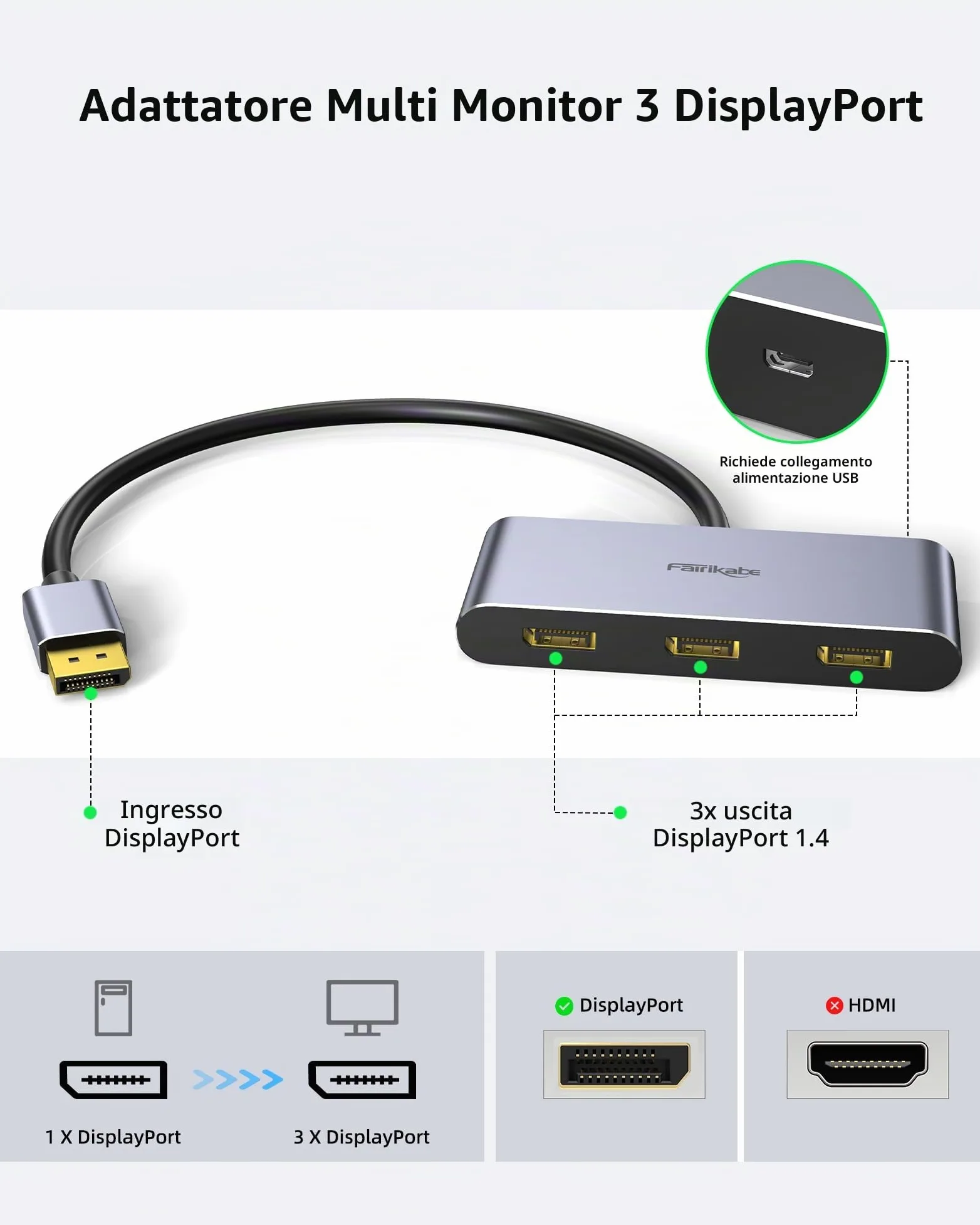 Splitter DisplayPort 1.4 a 3 porte - DisplayPort MST Hub Monitor Splitter | Supporta single 8K, Dual 4K 120Hz, 60Hz e 1080p 60Hz - Solo Windows