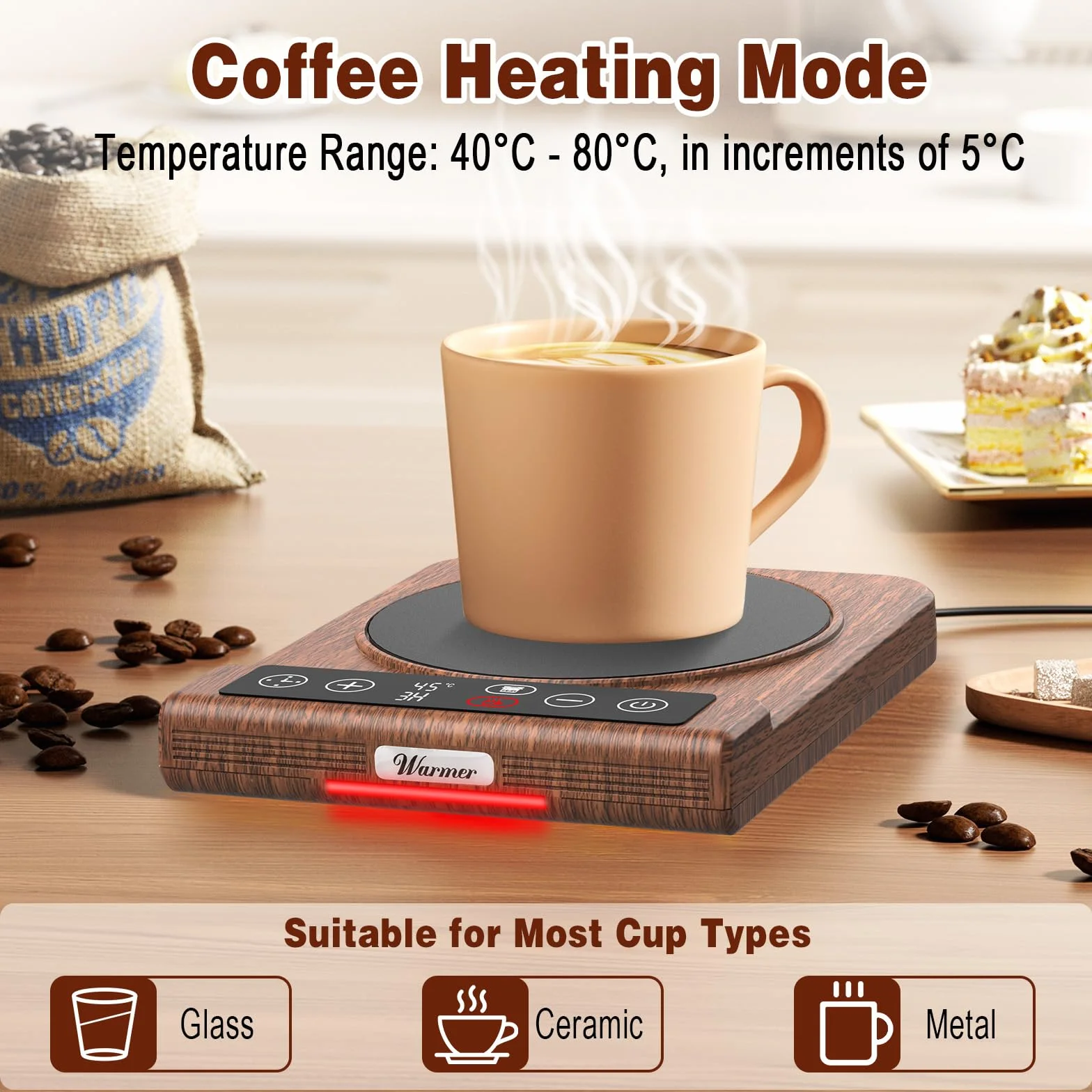 Scalda Tazza 2 modalità, Scalda Tazza da Scrivania, 21 °C-80 °C, Scaldatazza con Timer 1-12 ore/1-24 Ore, Spegnimento Automatico di 4 Ore, Scaldatazze per Ufficio, Casa, Fermentazione