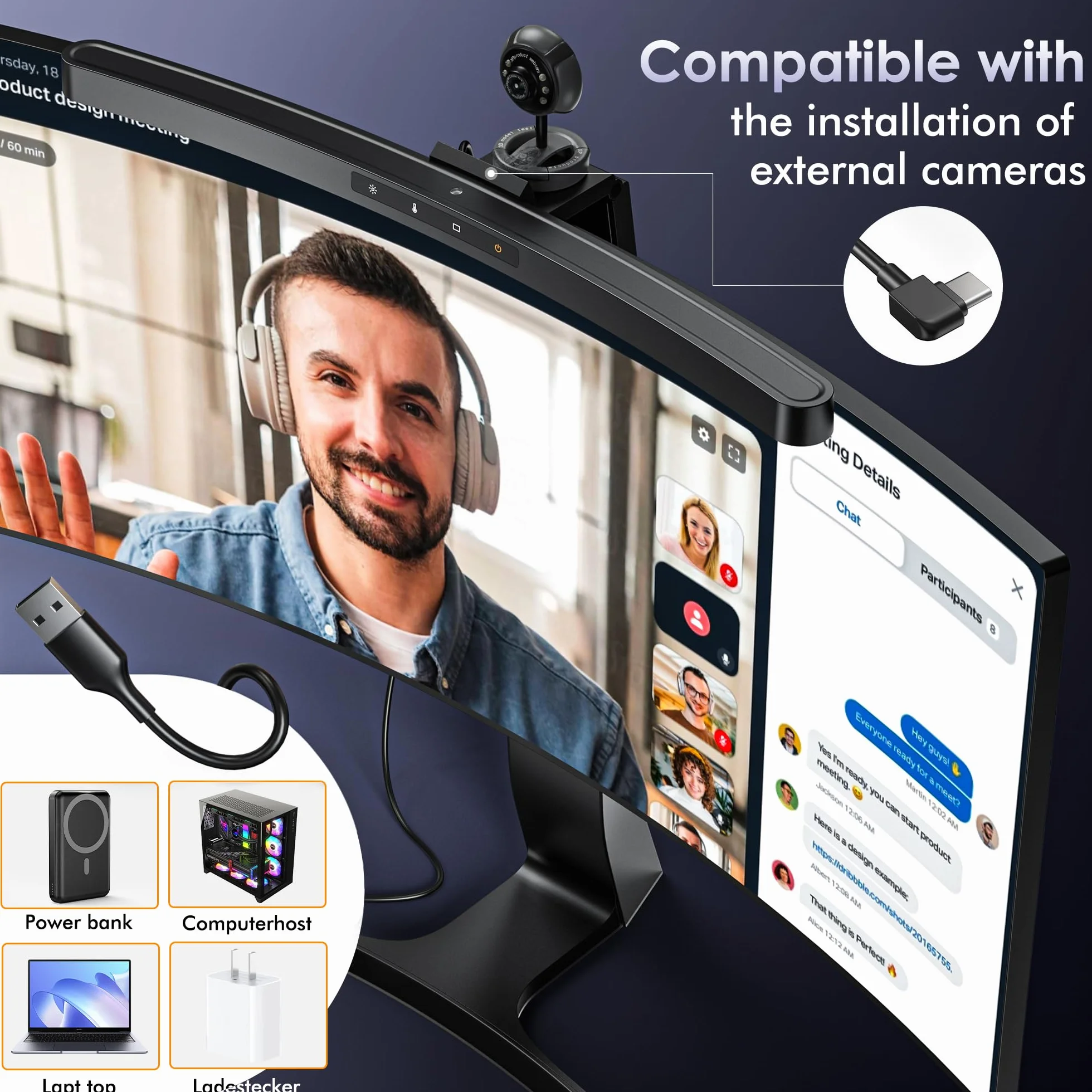 Quntis USB Lampada Monitor Curvo da 45CM con Controllo a Sfioramento e Telecomando, Luce Monitor con Oscuramento Automatico per la Cura Degli Occhi, Luce Anti-Blu, Antiriflesso, Salvaspazio