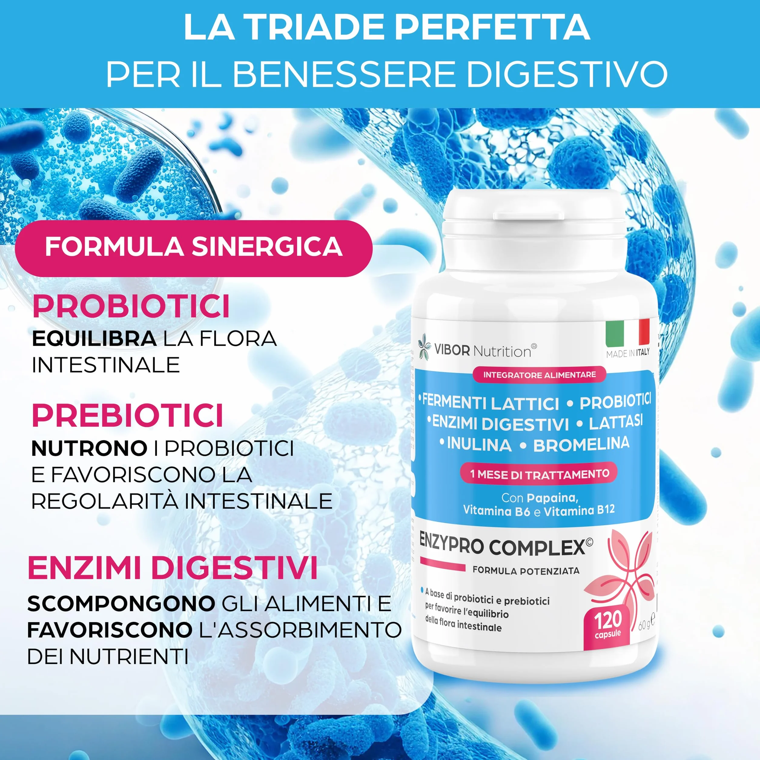 Vibor 120 Cps Enzypro Complex 3 in 1, Fermenti Lattici Probiotici E Prebiotici Per Intestino + Enzimi Digestivi Bromelina Plus Forte Drenante, Lattasi, Inulina, Riduce Il Gonfiore Addominale, Per Adulti