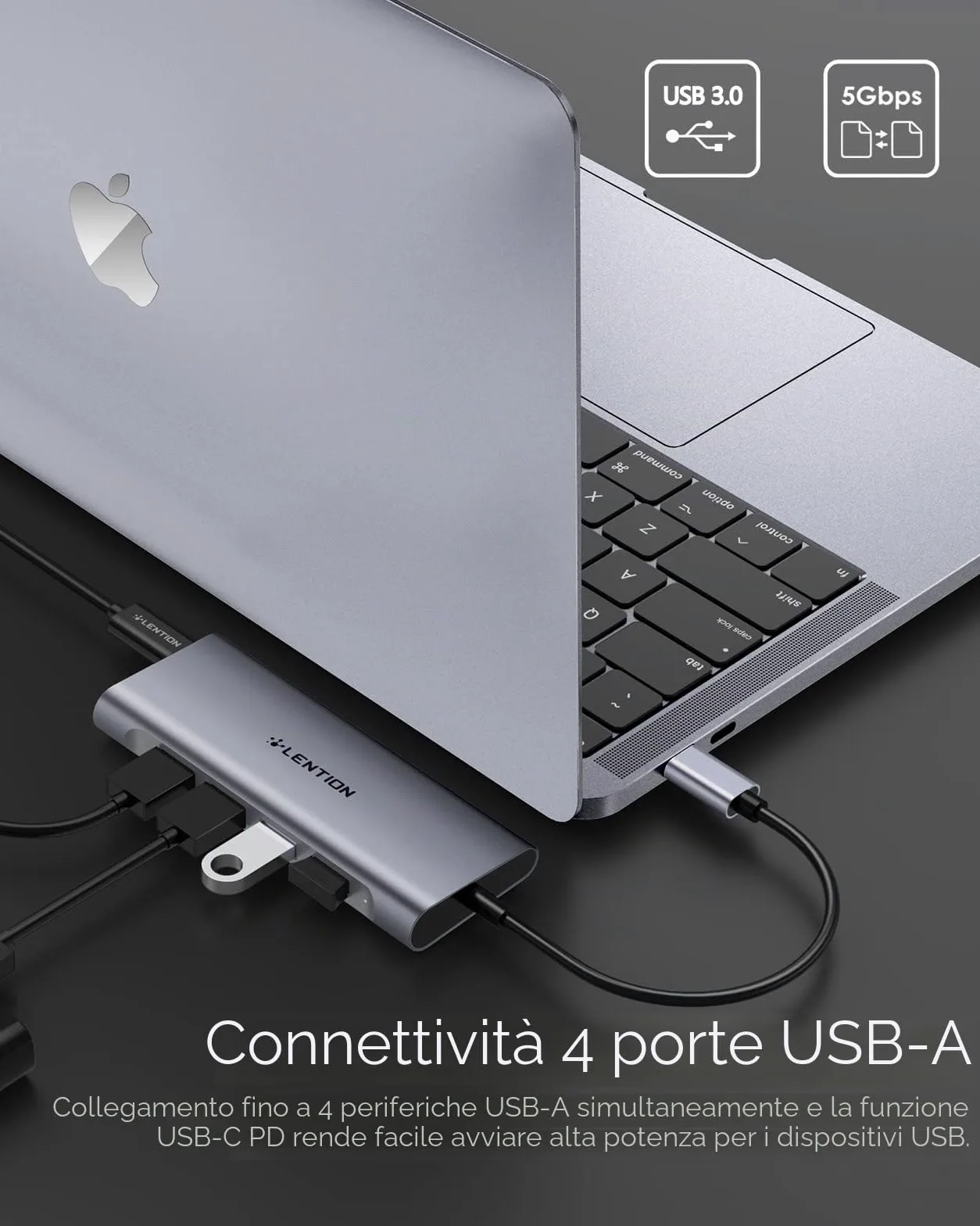 LENTION Hub USB C HDMI 4K, 4 Porte USB 3.0, PD 100W Ricarica di Tipo C, Adattatore per 2023-2016 MacBook Pro M2 M1, Mac Air, iPhone 15 Plus Pro Max, Surface PRO 9, Chromebook (C35H, Grigio Spazio)