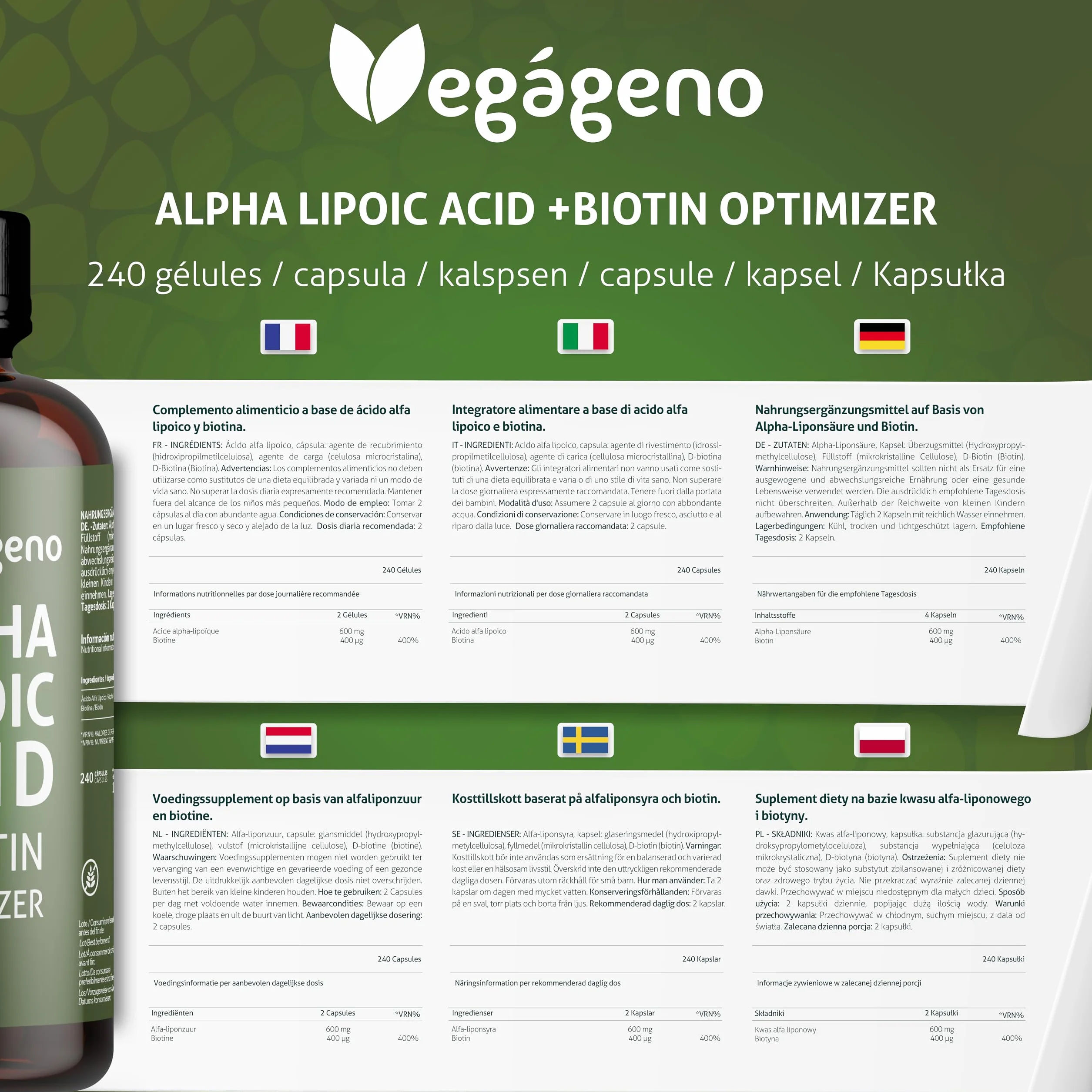 Acido Alfa Lipoico (ALA) + BIOTINA Optimizer 600 mg. 240 capsule vegetali. Antiossidante naturale. Senza glutine. Non OGM. Adatto a vegani
