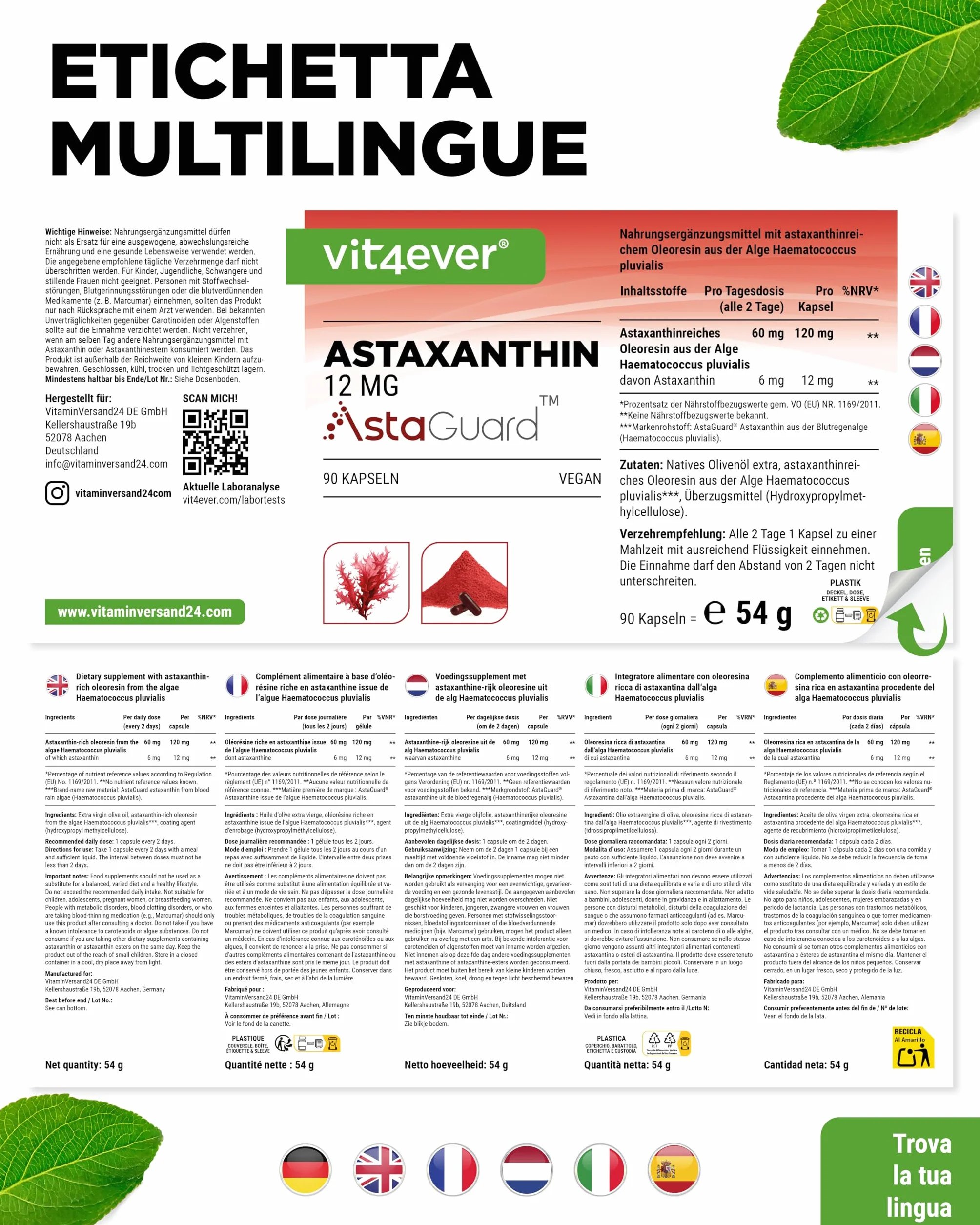 vit4ever Astaxantina 12 mg AstaGuard® 90 Capsule Vegane Alto Dosaggio