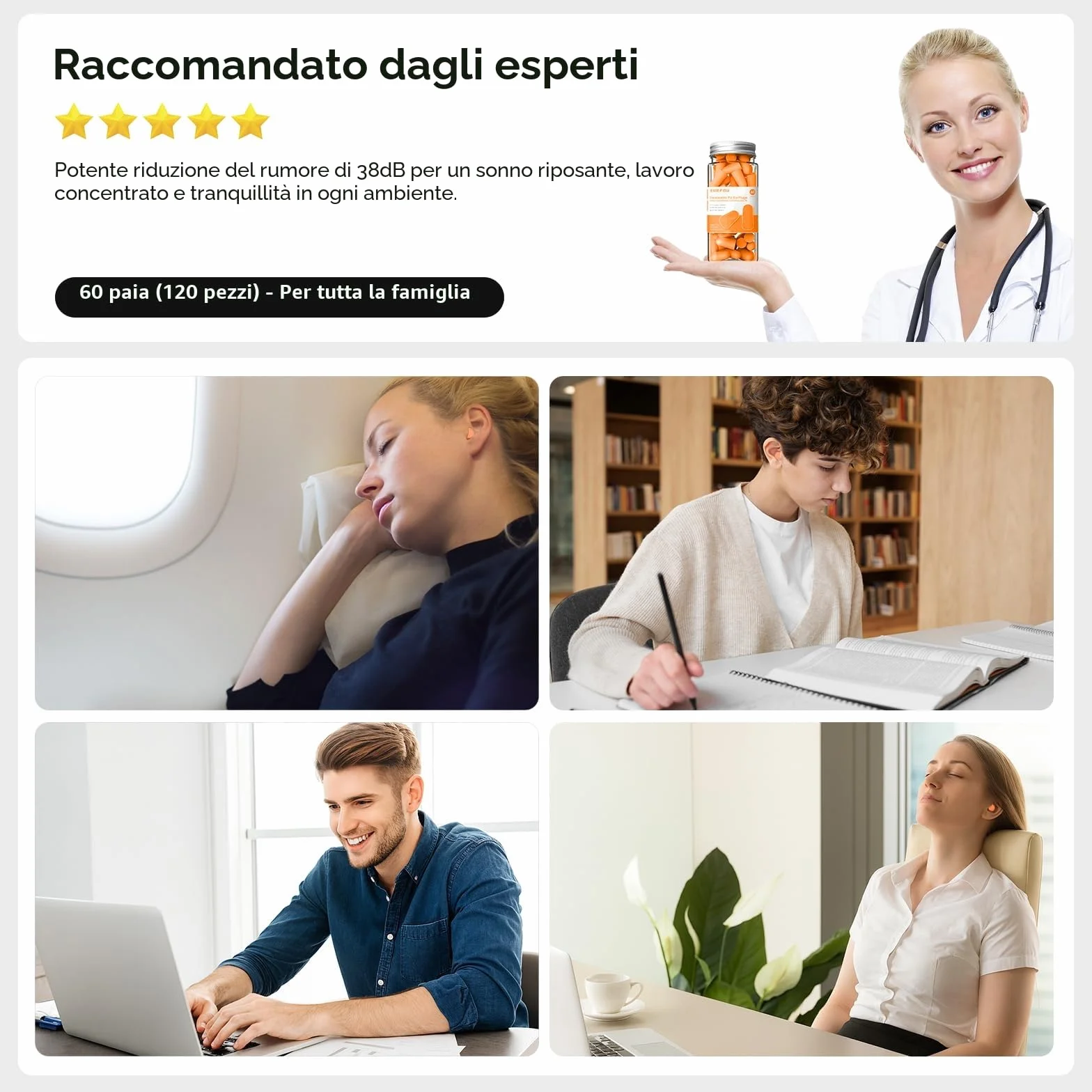 SURFOU Tappi Orecchie Dormire 60 Paia 38 dB Riduzione Rumore Riutilizzabili con Custodia Portatile