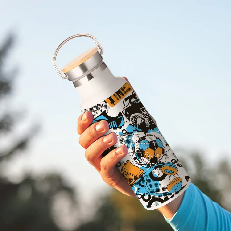 PYD Life Bottiglia di acqua a sublimazione bianca 481,9 g bottiglia sportiva in acciaio inossidabile con coperchio in bambù per bicchiere stampa a sublimazione stampa confezione da 4