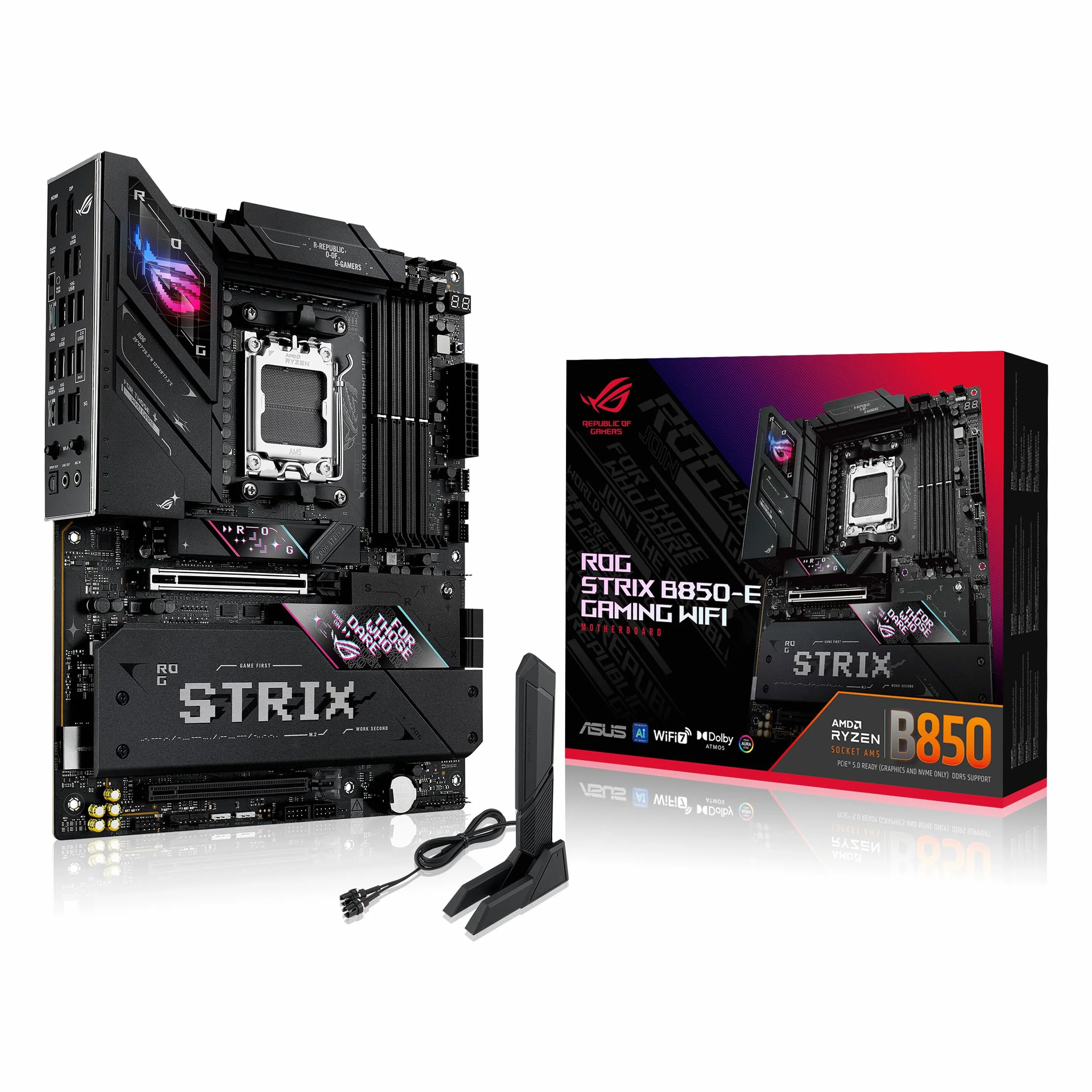 ASUS ROG Strix B850-E Gaming WiFi AMD AM5 16+2+2 fase, Dynamic OC, Core Flex, DDR5 w/AEMP, WiFi 7, 5X M.2, 5G LAN, PCIe® 5.0, USB4®, USB 20Gbps Type-C®, AI OC, AI Networking