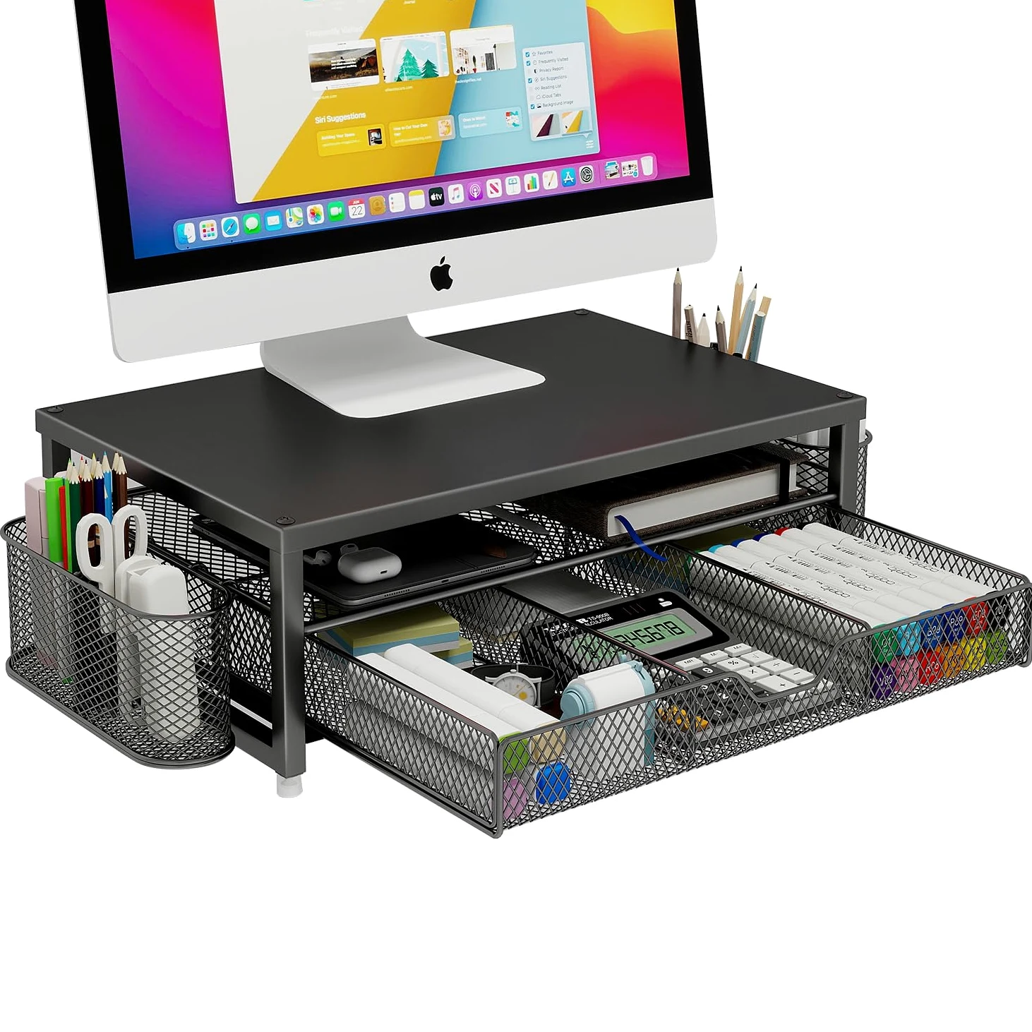 Supporto per monitor in metallo, per scrivania da ufficio con mensola, organizer per ufficio, organizer da scrivania con cassetto e portapenne, supporto per computer a 2 livelli, per iMac, PS4, PC