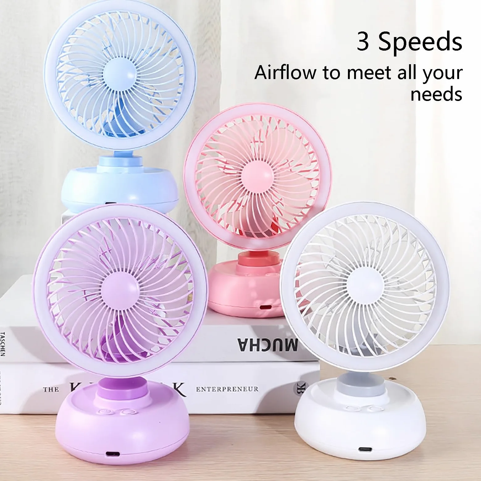 Ventilatore da tavolo portatile ricaricabile tramite USB, mini ventilatore oscillante con forte flusso d'aria, raffreddamento ultra silenzioso a 3 velocità, per casa ed esterni, design compatto (rosa)
