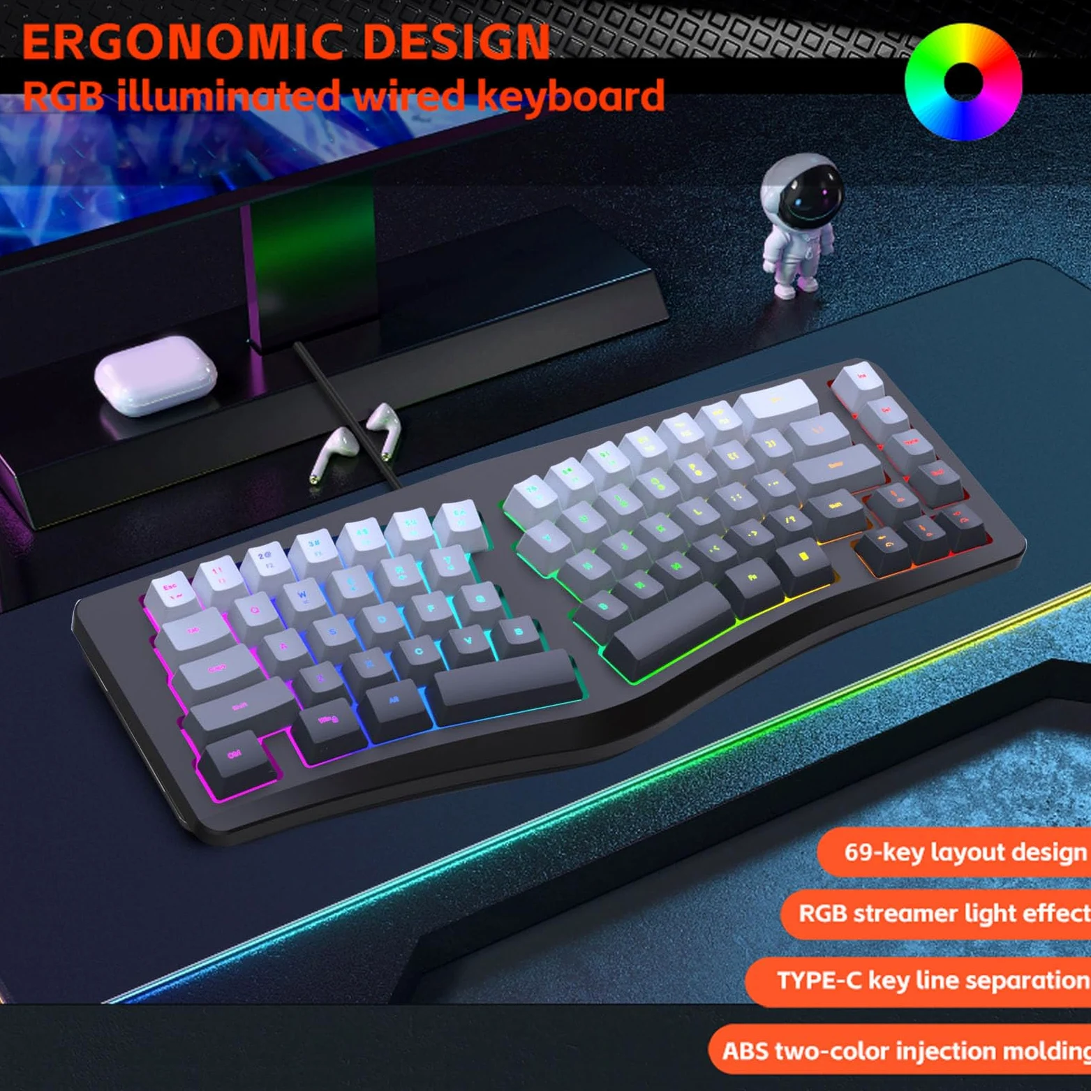 Goshyda Tastiera Ergonomica Cablata, Tastiera Divisa a Forma di V con Retroilluminazione RGB Colorata, per W​ins​​ per OS X per Computer Desktop Laptop Android