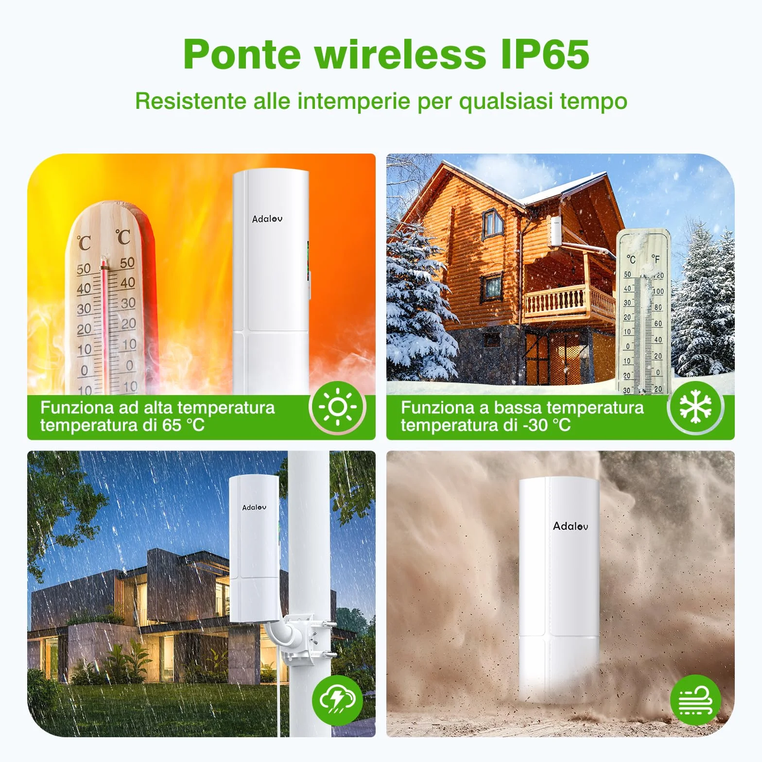 AdaLov CPE366 Ponte Wireless Gigabit Punto-Punto, 5.8GHz 3KM Bridge Wi-Fi da Esterno con Staffe, Zero Scavi per Telecamere/Chalet/Casa Vacanza/Garage/Fattoria/Campeggio, Plug & Play, IP65 Impermeabile