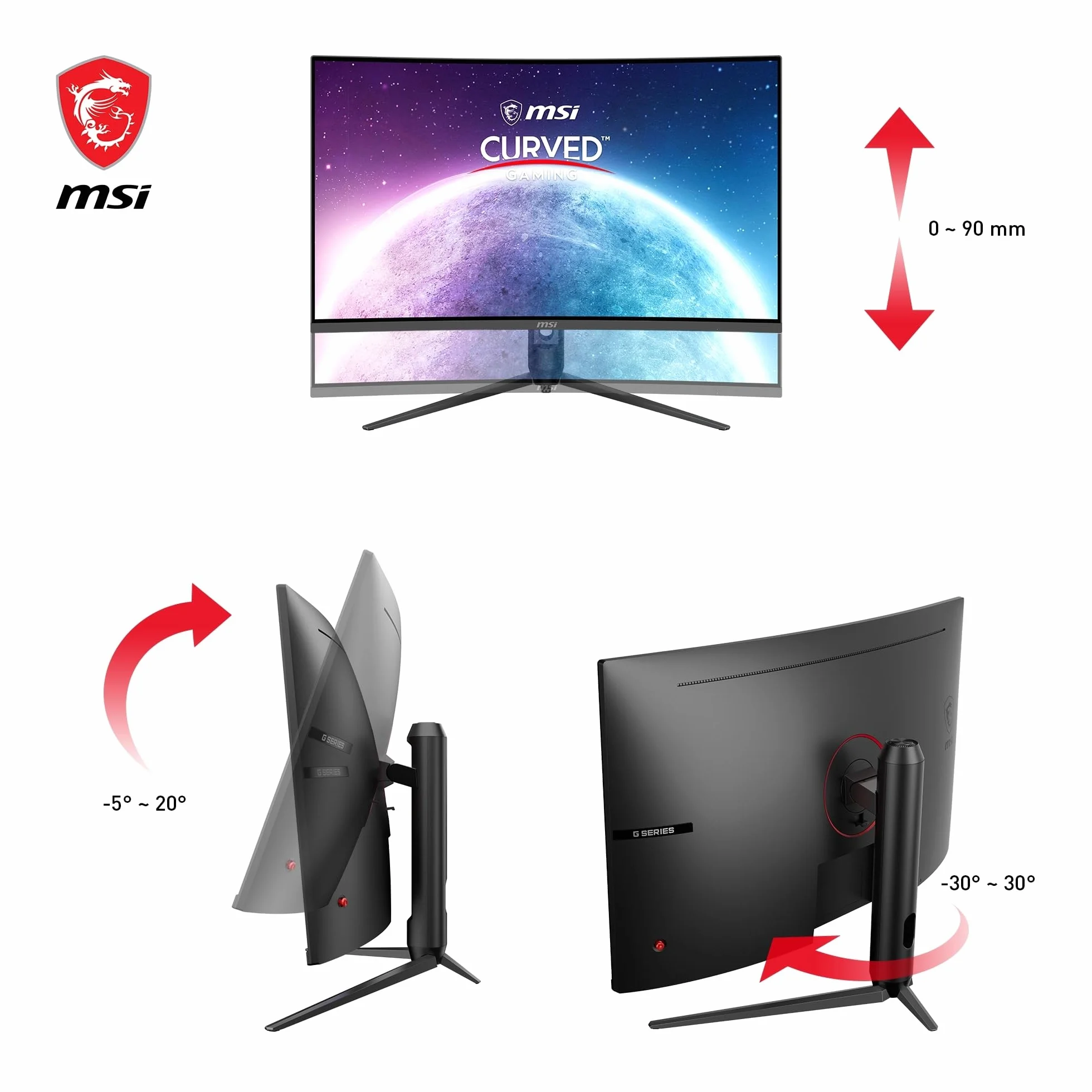 MSI G32CQ5P Monitor Gaming curvo WQHD 31,5" (80 cm) - Pannello VA 1500R (2560 x 1440), 170Hz / 1ms, Adaptive Sync, supporto regolabile a 3 vie - DP 1.2a, HDMI 2.0b CEC