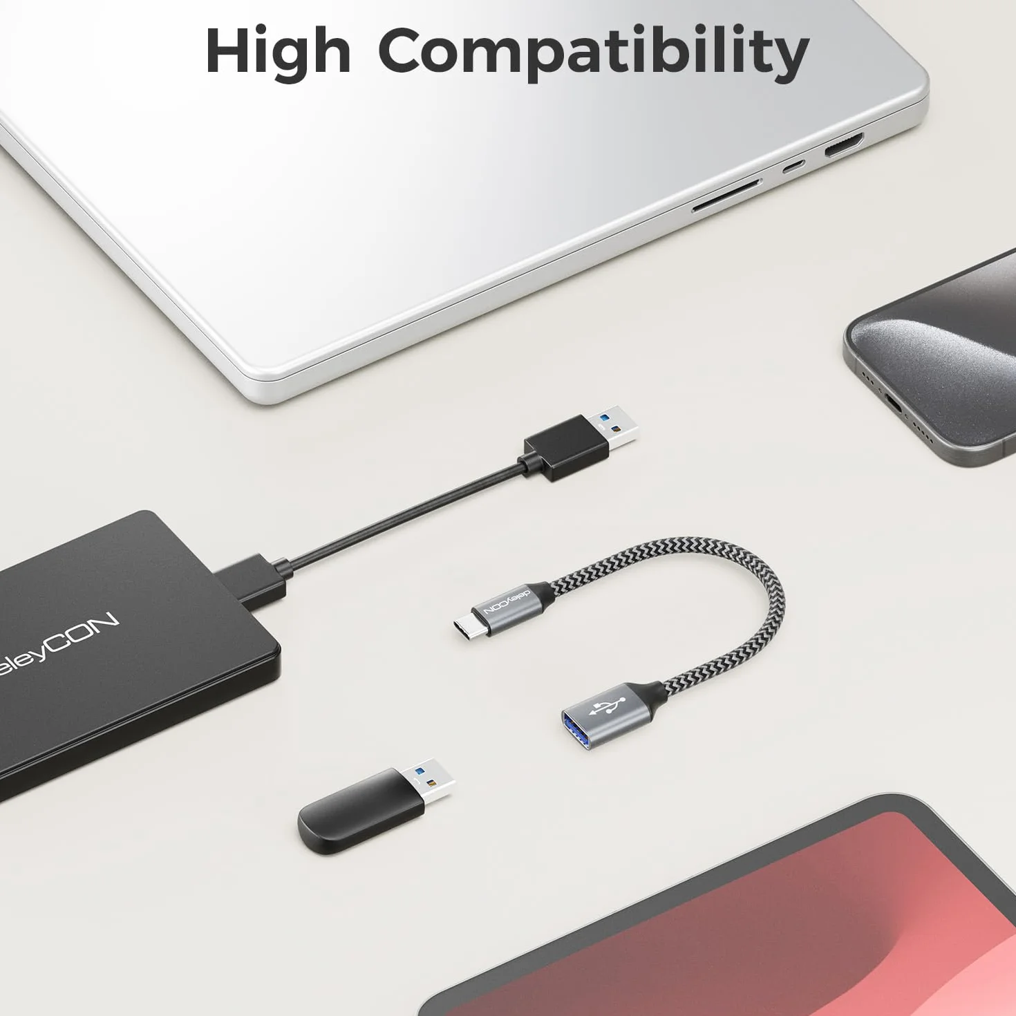deleyCON Adattatore USB C a USB 3.0 OTG Tipo-C Connettore a Presa A - Cavo per iPhone 17/16/15, Galaxy S26/S25/S24, A56, A17, A16 Tablet, MacBook, iMac, iPad, Notebook ecc.