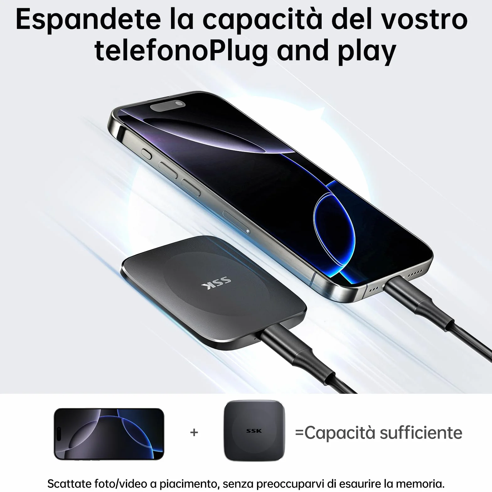 SSK SSD 256GB Esterno Portatile,fino a 550MB/s, Hard Disk Esterno SSD con cavo da Tipo C a USB C/A,Unità a Memoria stato solido veloce USB 3.2 GEN2 per iPhone 15/Android/Windows/Tablet/Mac/Xbox