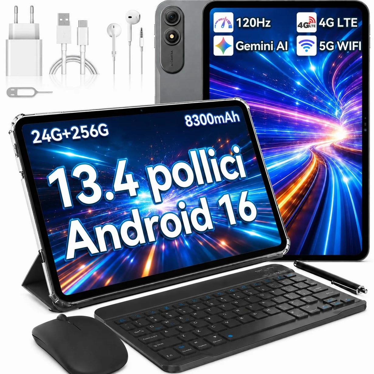 Tablet Android 16, 24GB RAM 256GB ROM 2TB, 120Hz Display 13.4 Pollici, Doppio SIM 4G LTE+5G WiFi, 8300mAh Octa-Core Tablet PC