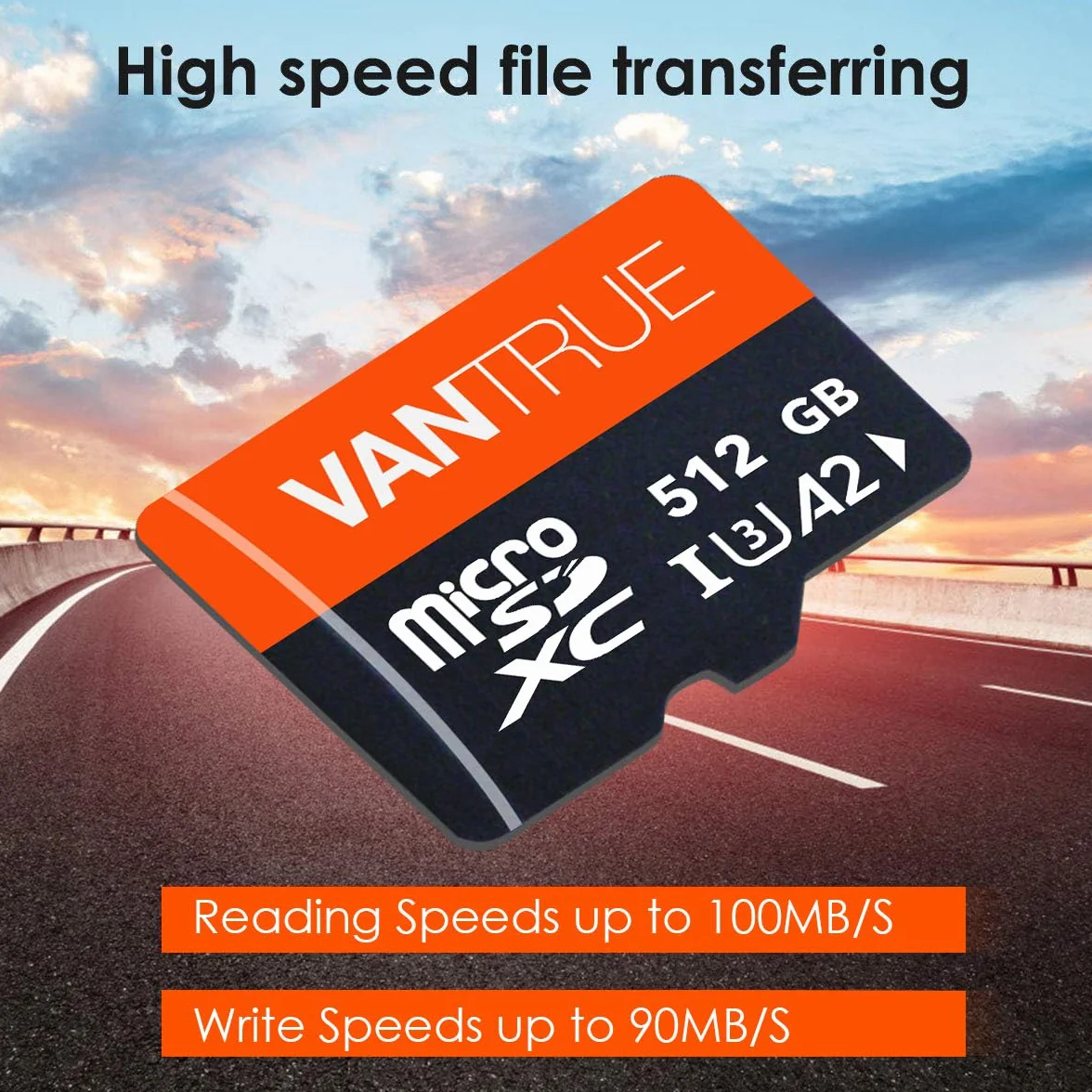 VANTRUE 512GB Scheda di memoria microSD, UHS-I U3 4 K, con adattatore, compatibile con Dashcam, smartphone, tablet, Action Camera e telecamera di sorveglianza (512G)