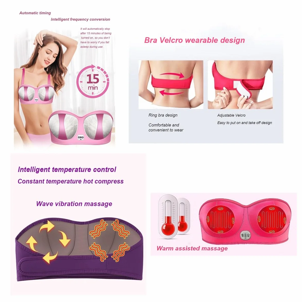 Reggiseno massaggiatore toracico elettrico ricaricabile USB riscaldamento intelligente crescita rassodamento seno
